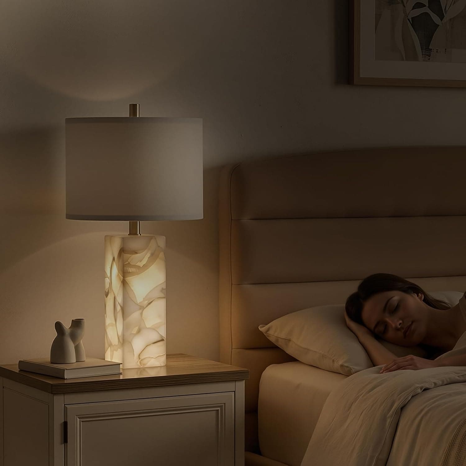 Scenekoy Alabaster Table Lamp Set of 2 with Night Light for Bedroom Living Room, 23" Rotary Switch Bedside Lamp with Linen Shade, Modern Nightstand Lamps for Room Office Dorm (Bulb Included) thumbnail 5