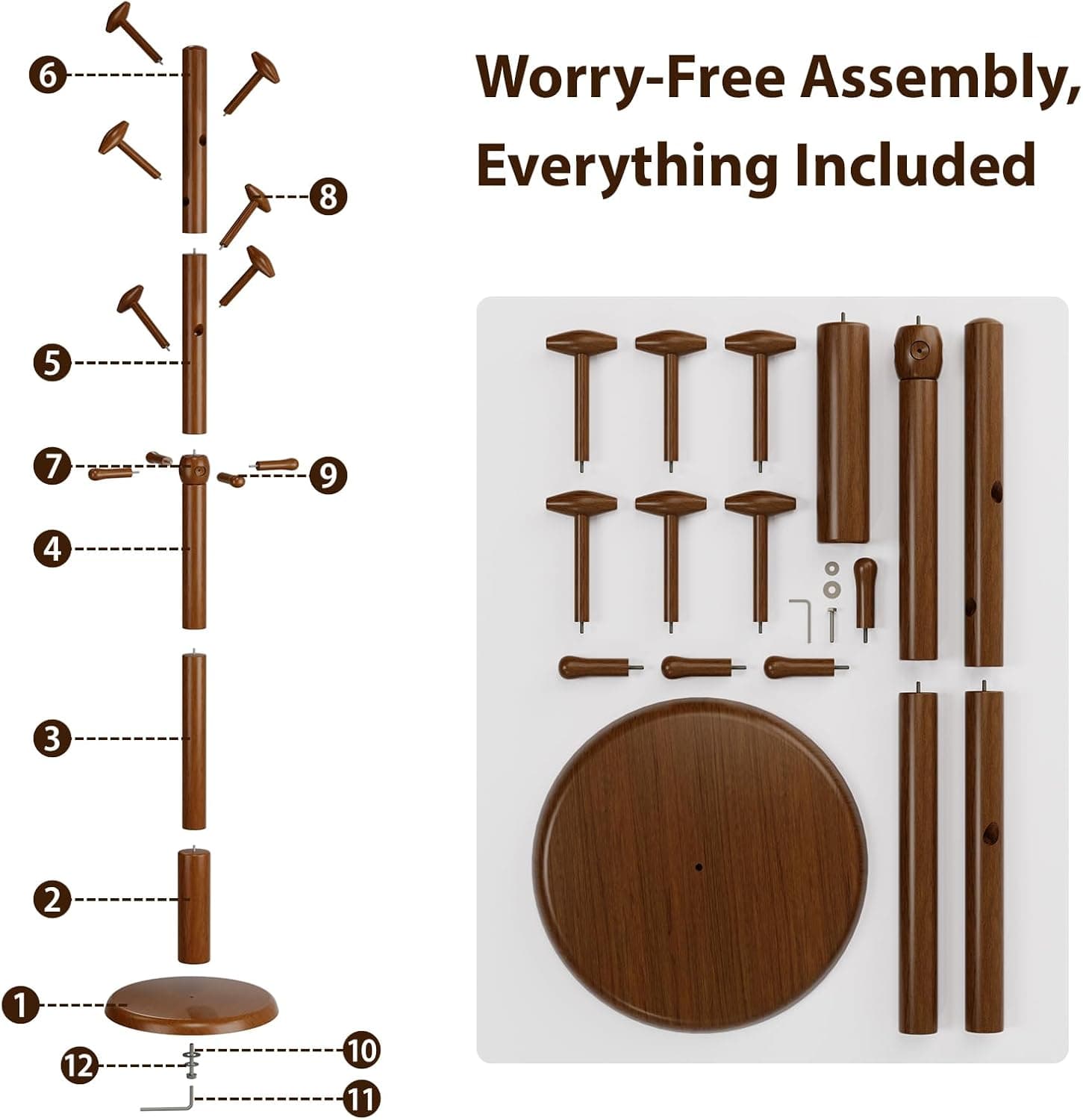 Taitiy Solid Wood Coat Rack Freestanding Coat Tree with 10 Hooks for Bedroom, Livingroom, Entryway, Sturdy Coat Hanger Stand for Hats, Coats, Scarves, Handbags, Purses thumbnail 8