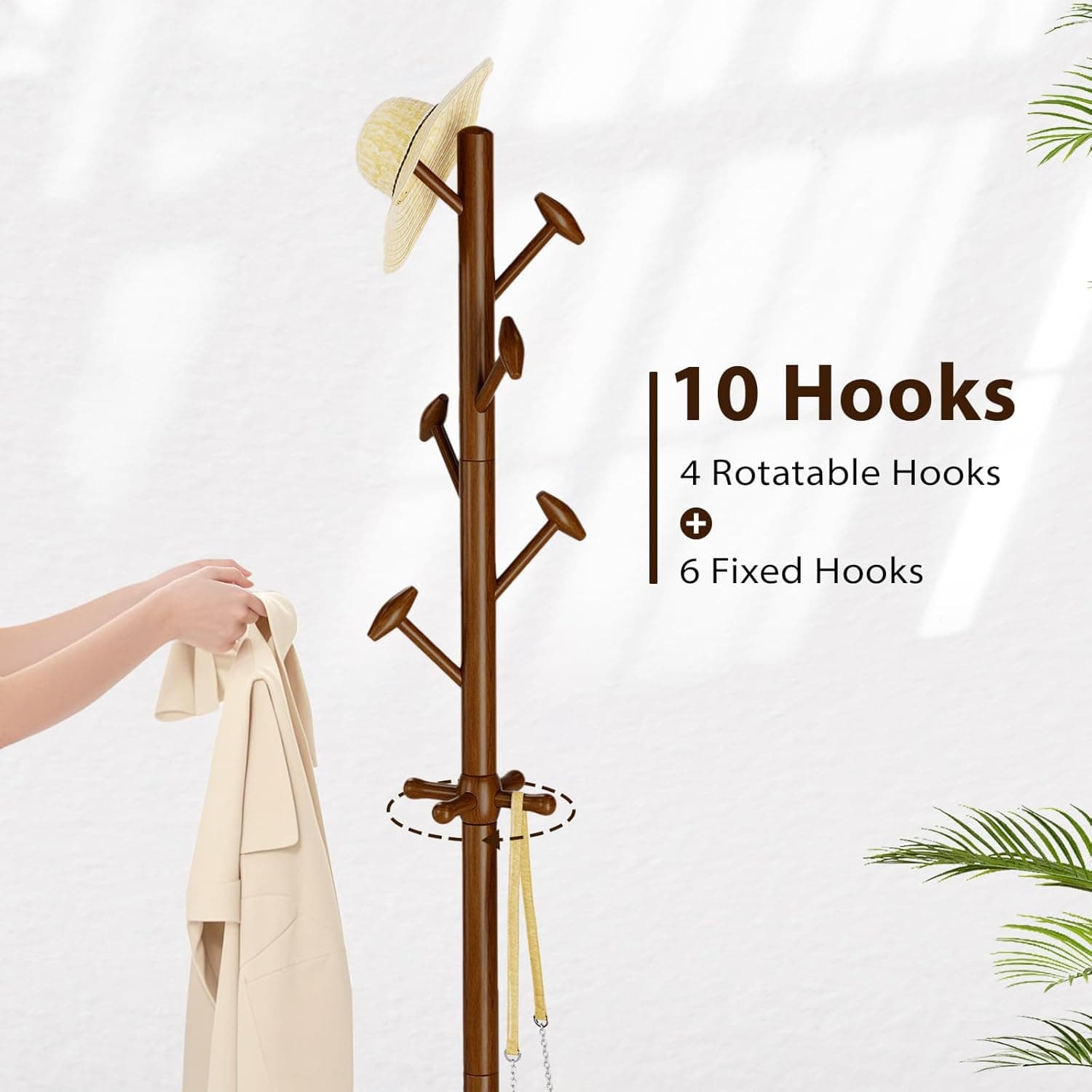 Taitiy Solid Wood Coat Rack Freestanding Coat Tree with 10 Hooks for Bedroom, Livingroom, Entryway, Sturdy Coat Hanger Stand for Hats, Coats, Scarves, Handbags, Purses thumbnail 6