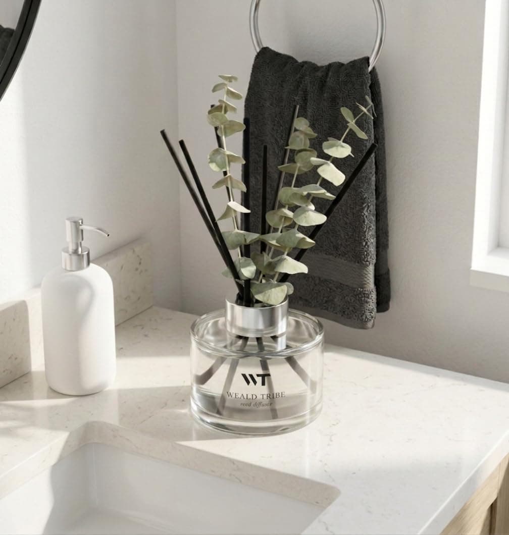 Flower Reed Diffuser Set Wild Eucalyptus Mint Scent for Bathroom Accessories Shelf Decor & Air Fresheners, Sticks Defusers with 5.1 fl oz Essential Oils & Leaves, House Bedroom Office Decor & Gifts thumbnail 5