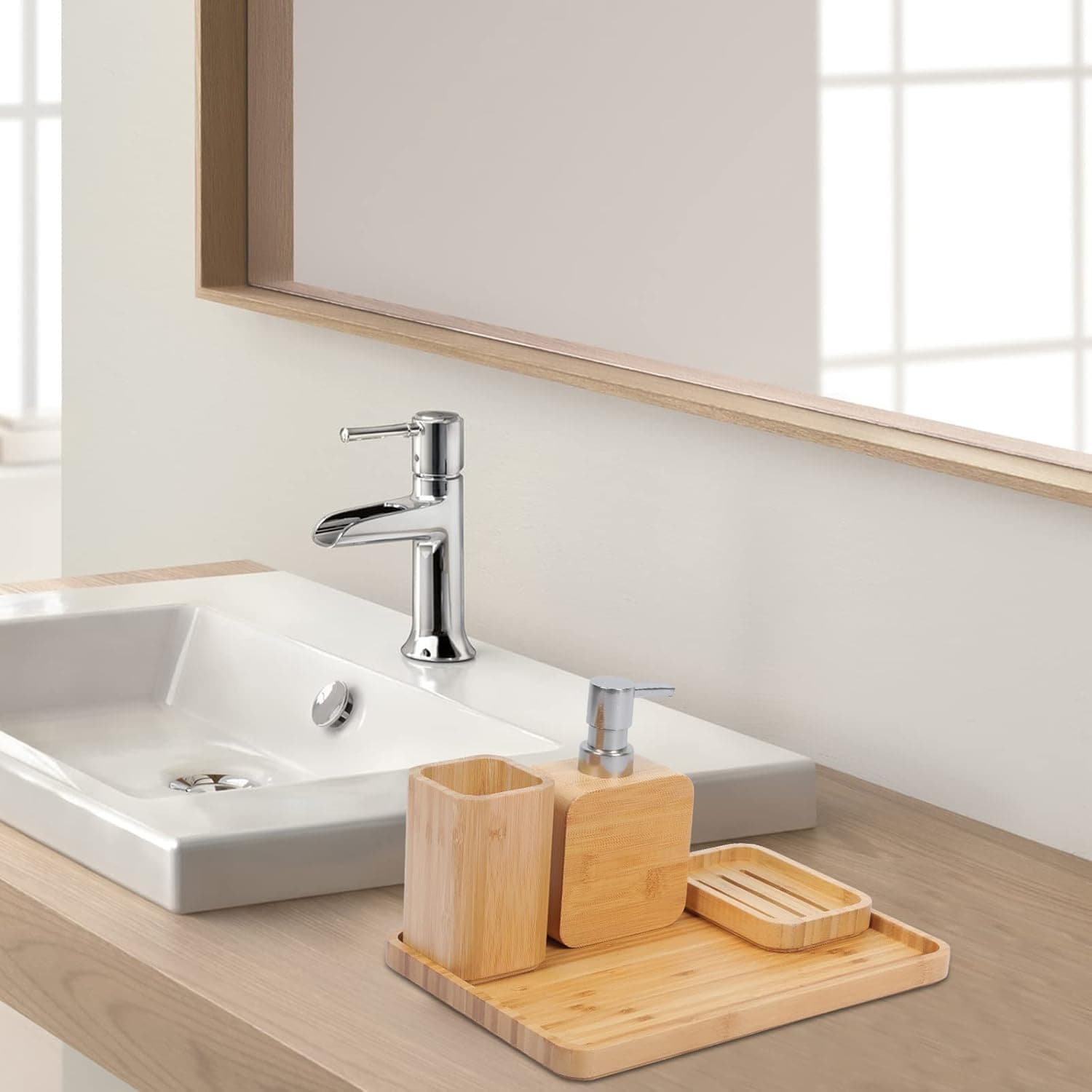 4Pcs Handmade Bamboo Sink & Bathroom Accessories Set Retro Set, Natural, Soap Dish Holder for Shower, Lotion Soap Dispenser, Mouthwash Cup, Rinse Cup, Organiser Tray for Hotel, House, Office thumbnail 2