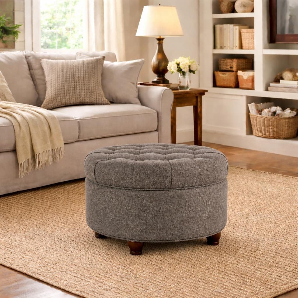 Homepop Home Decor | Button Tufted Woven Round Storage Ottoman | Ottoman with Storage for Living Room & Bedroom (Dark Gray) thumbnail 2
