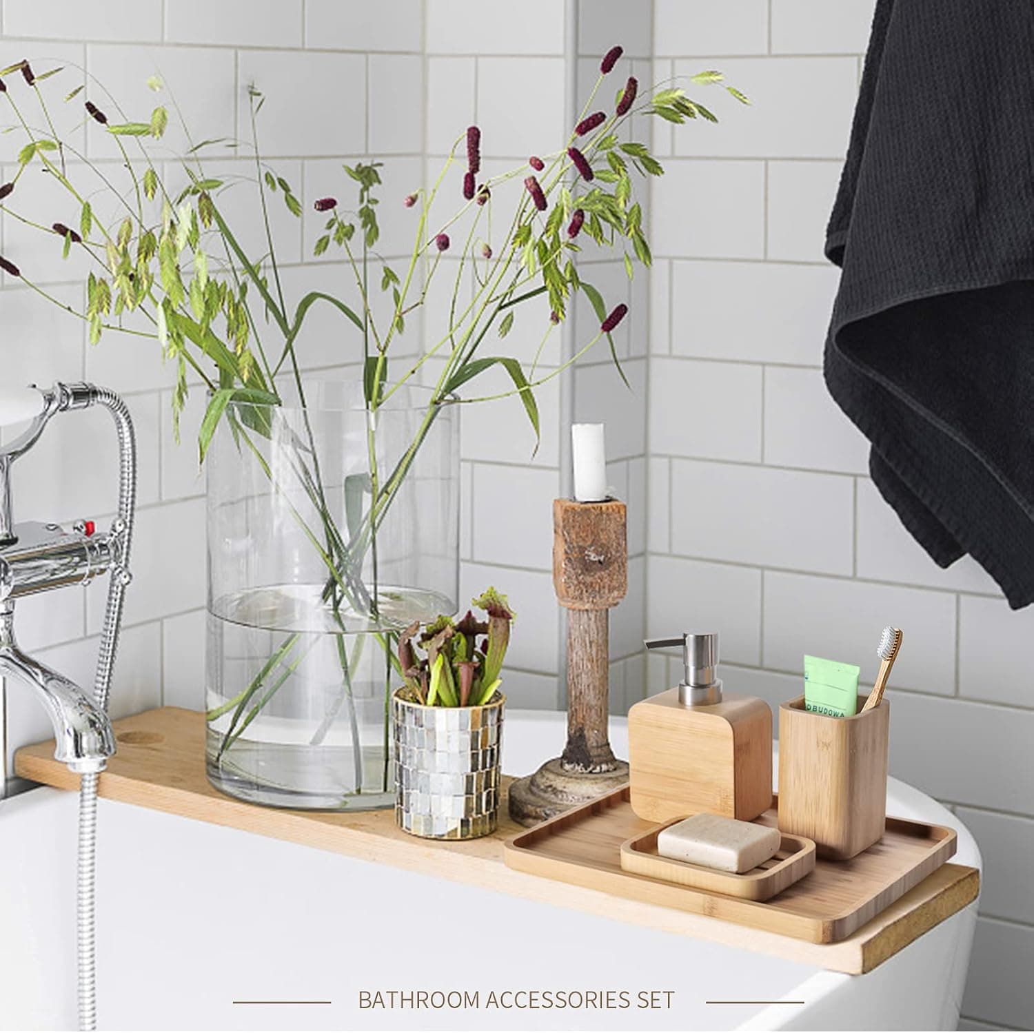 4Pcs Handmade Bamboo Sink & Bathroom Accessories Set Retro Set, Natural, Soap Dish Holder for Shower, Lotion Soap Dispenser, Mouthwash Cup, Rinse Cup, Organiser Tray for Hotel, House, Office thumbnail 9