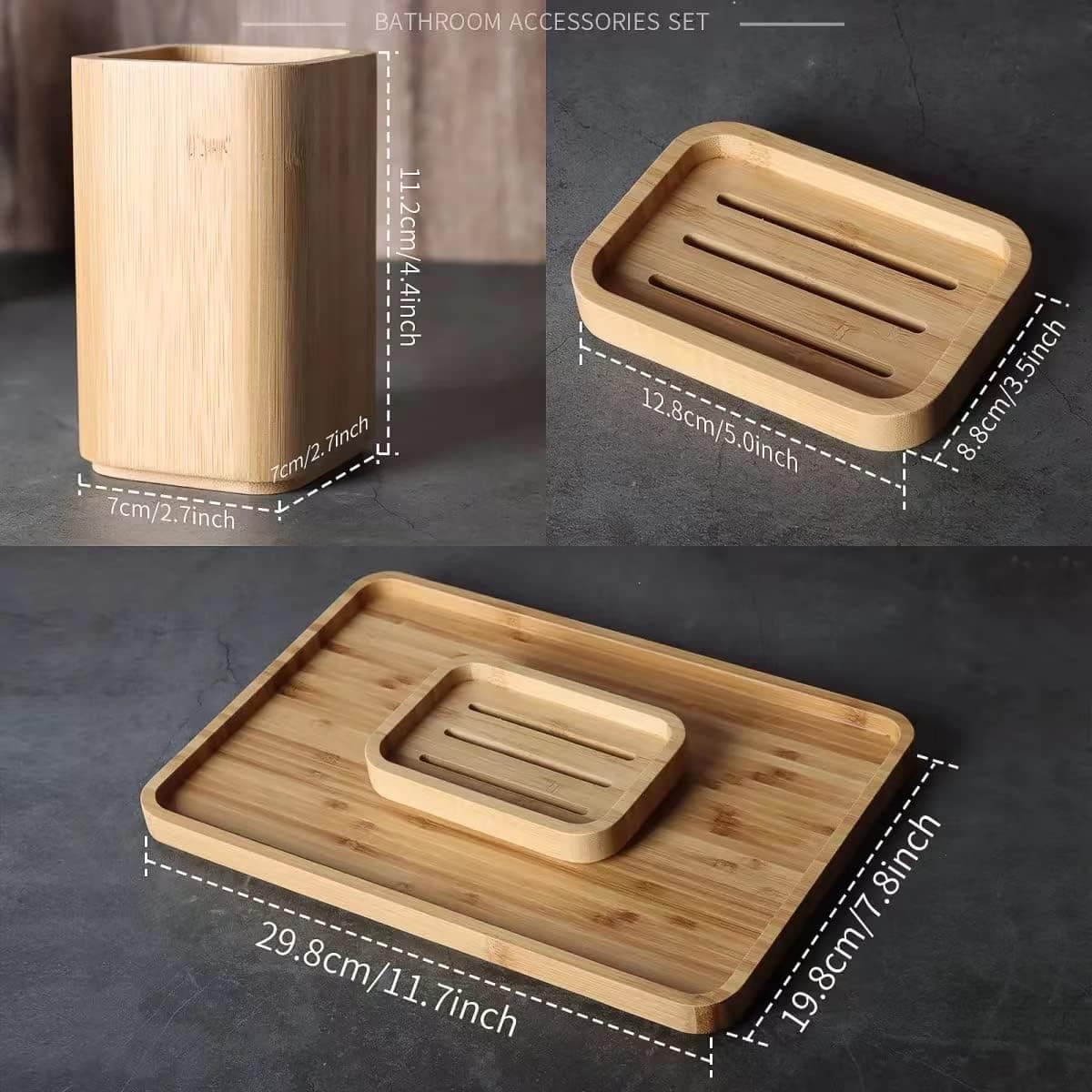 4Pcs Handmade Bamboo Sink & Bathroom Accessories Set Retro Set, Natural, Soap Dish Holder for Shower, Lotion Soap Dispenser, Mouthwash Cup, Rinse Cup, Organiser Tray for Hotel, House, Office thumbnail 8