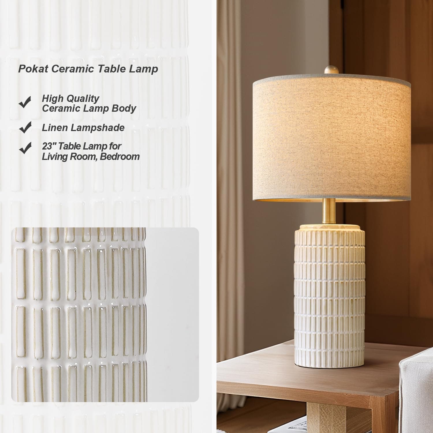 PoKat 23" Modern Ceramic Table Lamp Set of 2 for Living Room White Desk Lamps for Bedroom Farmhouse Bedside Nightstand Lamp House Warming Gifts New Home Decor End Table Lamps Gifts for Women Mom Beige thumbnail 4
