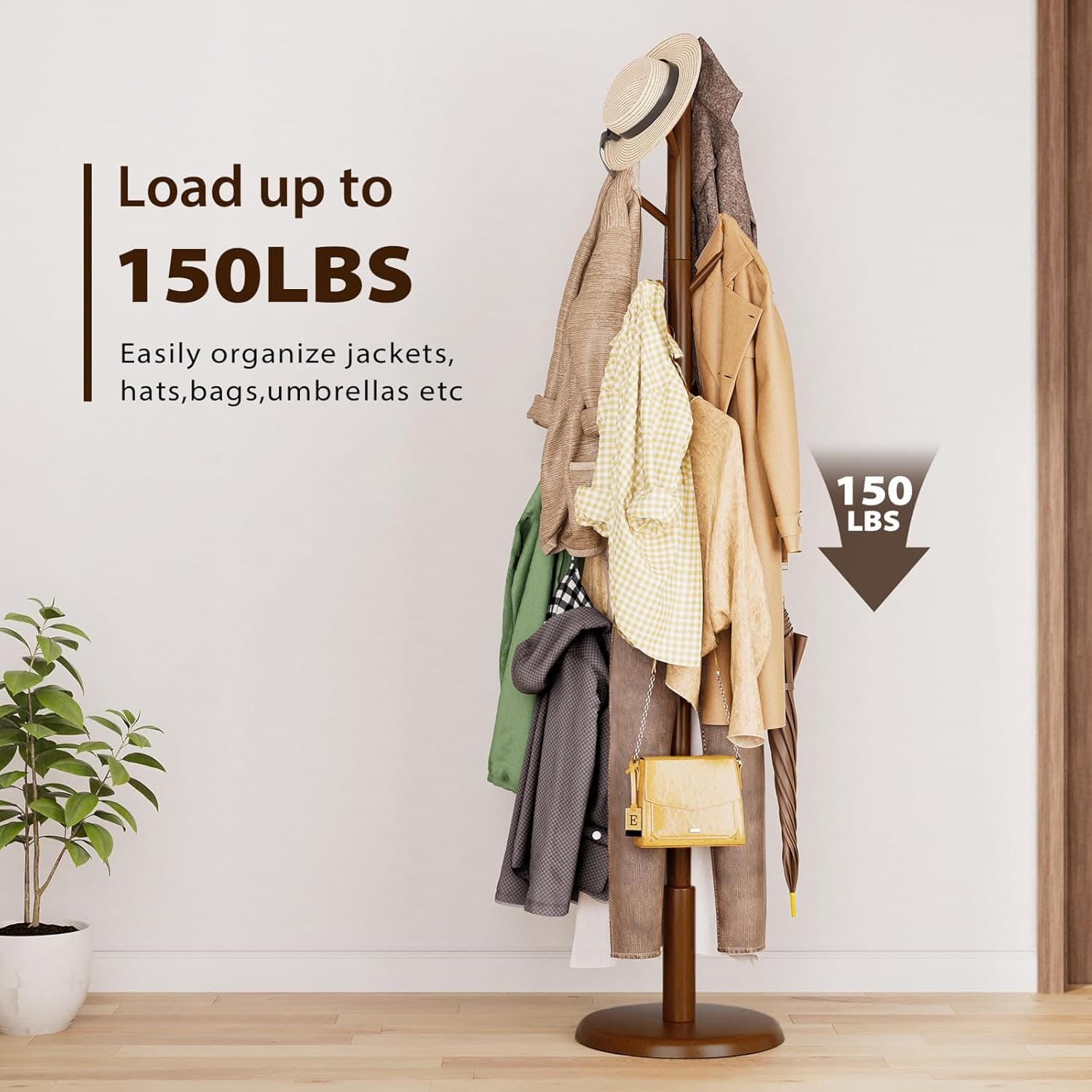 Taitiy Solid Wood Coat Rack Freestanding Coat Tree with 10 Hooks for Bedroom, Livingroom, Entryway, Sturdy Coat Hanger Stand for Hats, Coats, Scarves, Handbags, Purses thumbnail 9