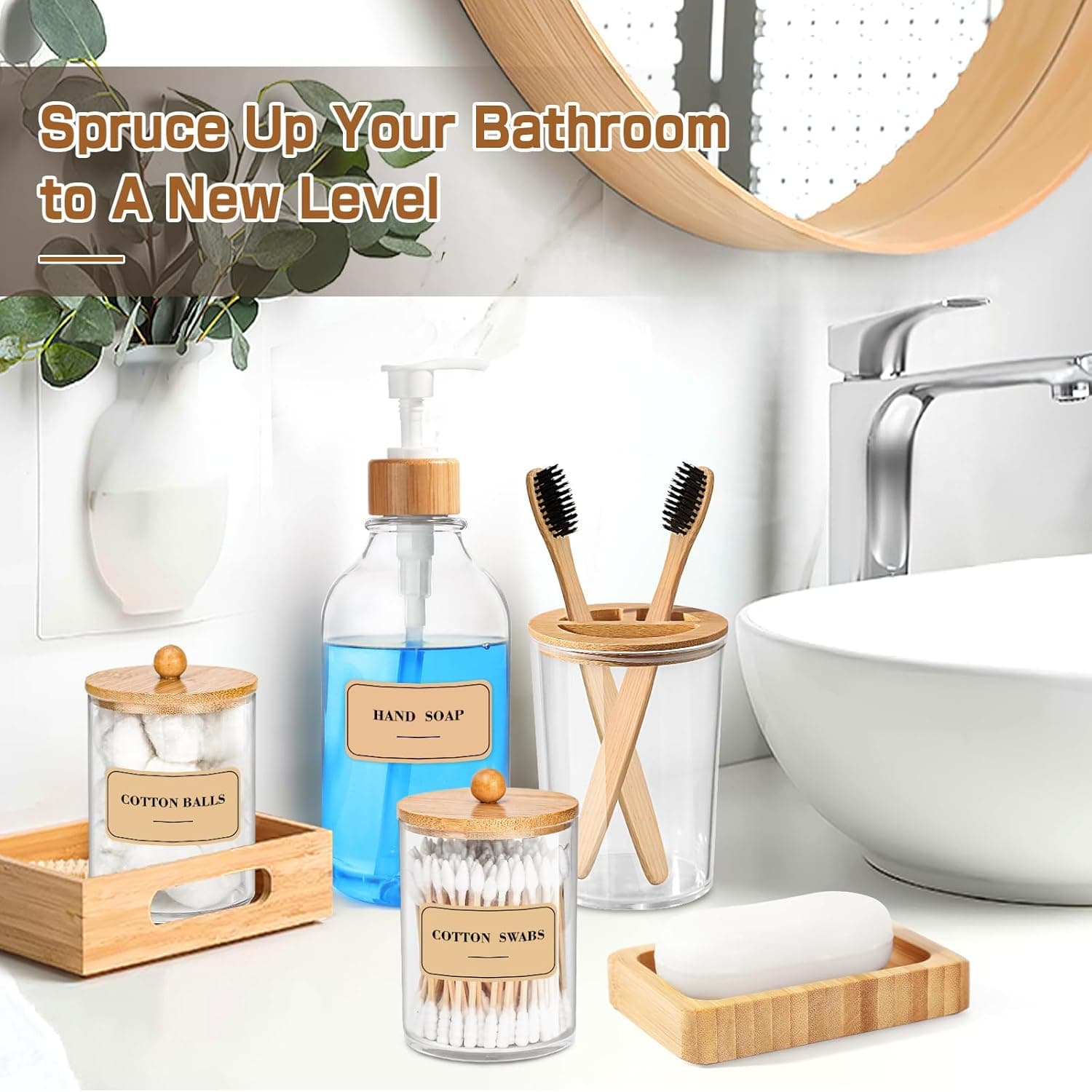 Bamboo Bathroom Accessory Set 5 Pcs, Boho Bathroom Accessories Sets Complete, Clear Bath Soap Dispenser and Toothbrush Holder Set, Soap Dish, Cotton Swab Jar, Boho Organizer thumbnail 3