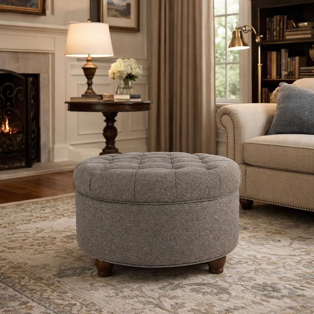 Homepop Home Decor | Button Tufted Woven Round Storage Ottoman | Ottoman with Storage for Living Room & Bedroom (Dark Gray) thumbnail 4