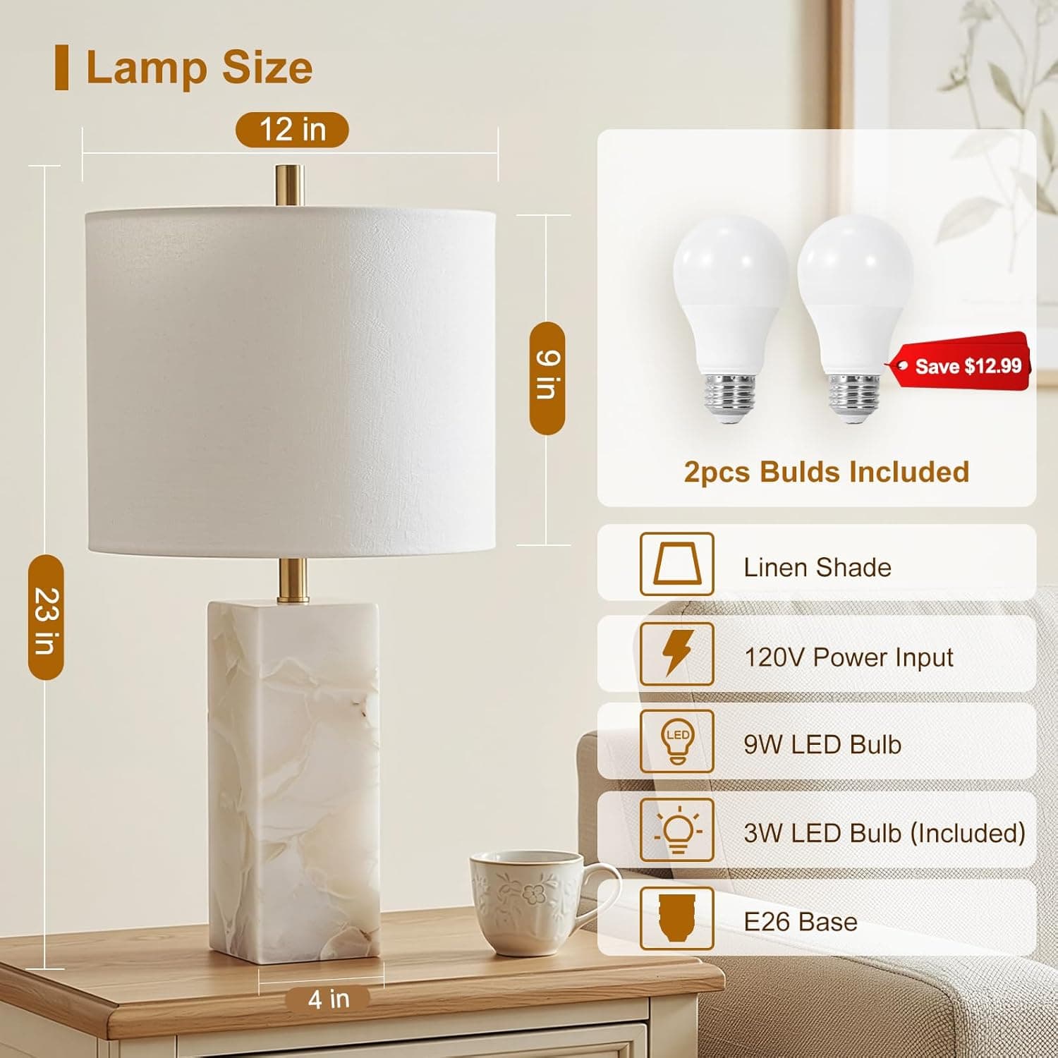 Scenekoy Alabaster Table Lamp Set of 2 with Night Light for Bedroom Living Room, 23" Rotary Switch Bedside Lamp with Linen Shade, Modern Nightstand Lamps for Room Office Dorm (Bulb Included) thumbnail 2