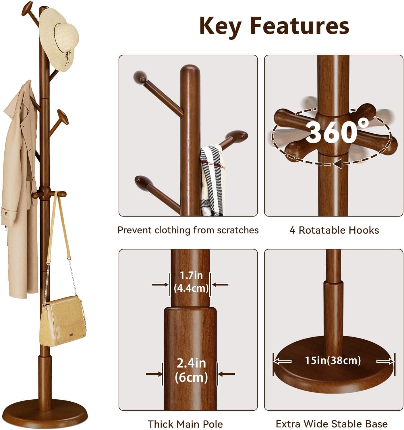Taitiy Solid Wood Coat Rack Freestanding Coat Tree with 10 Hooks for Bedroom, Livingroom, Entryway, Sturdy Coat Hanger Stand for Hats, Coats, Scarves, Handbags, Purses thumbnail 4
