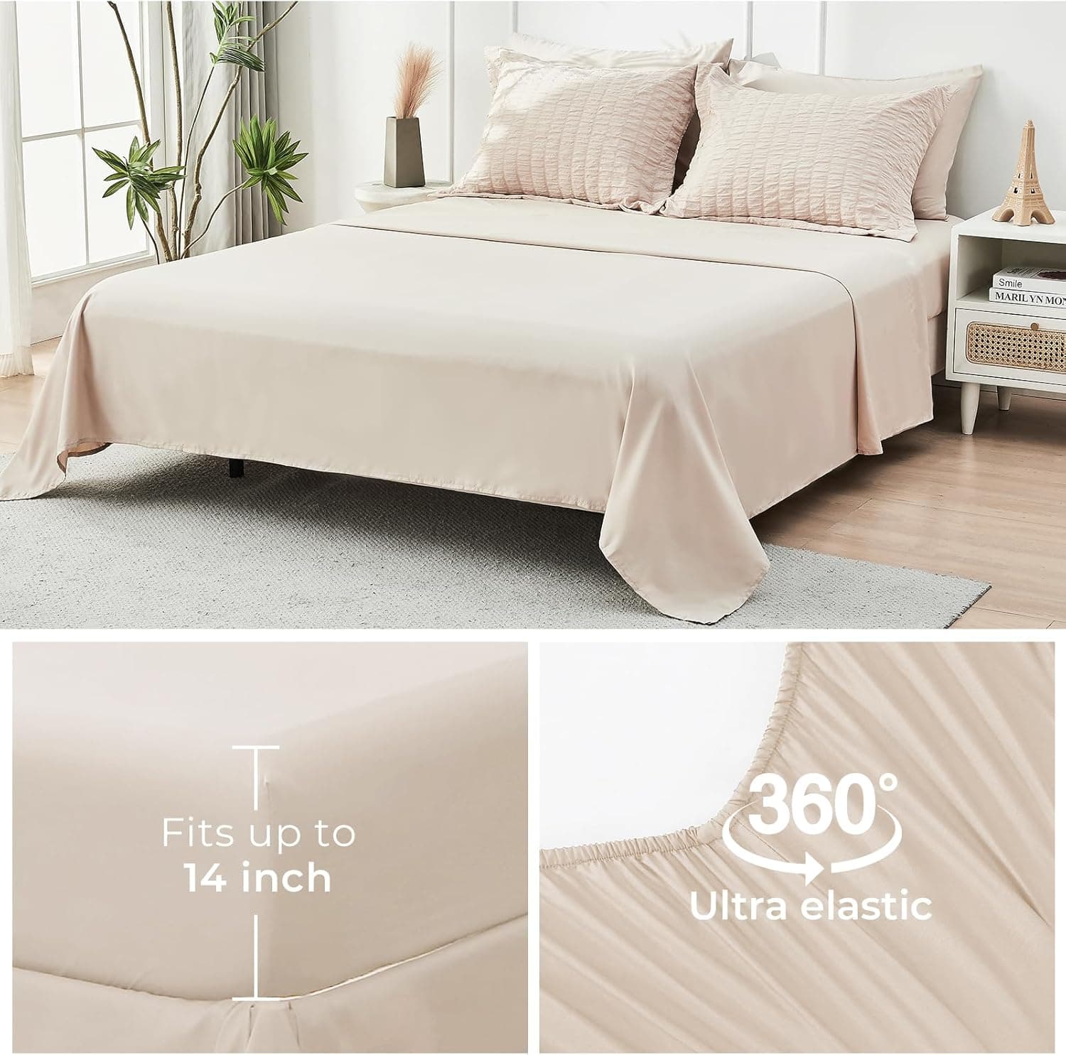 HYMOKEGE Beige Queen Comforter Set Seersucker 7 Pieces, All Season Luxury Bed in a Bag for Bedroom, Bedding Set with Comforters, Sheets, Pillowcases & Shams thumbnail 7