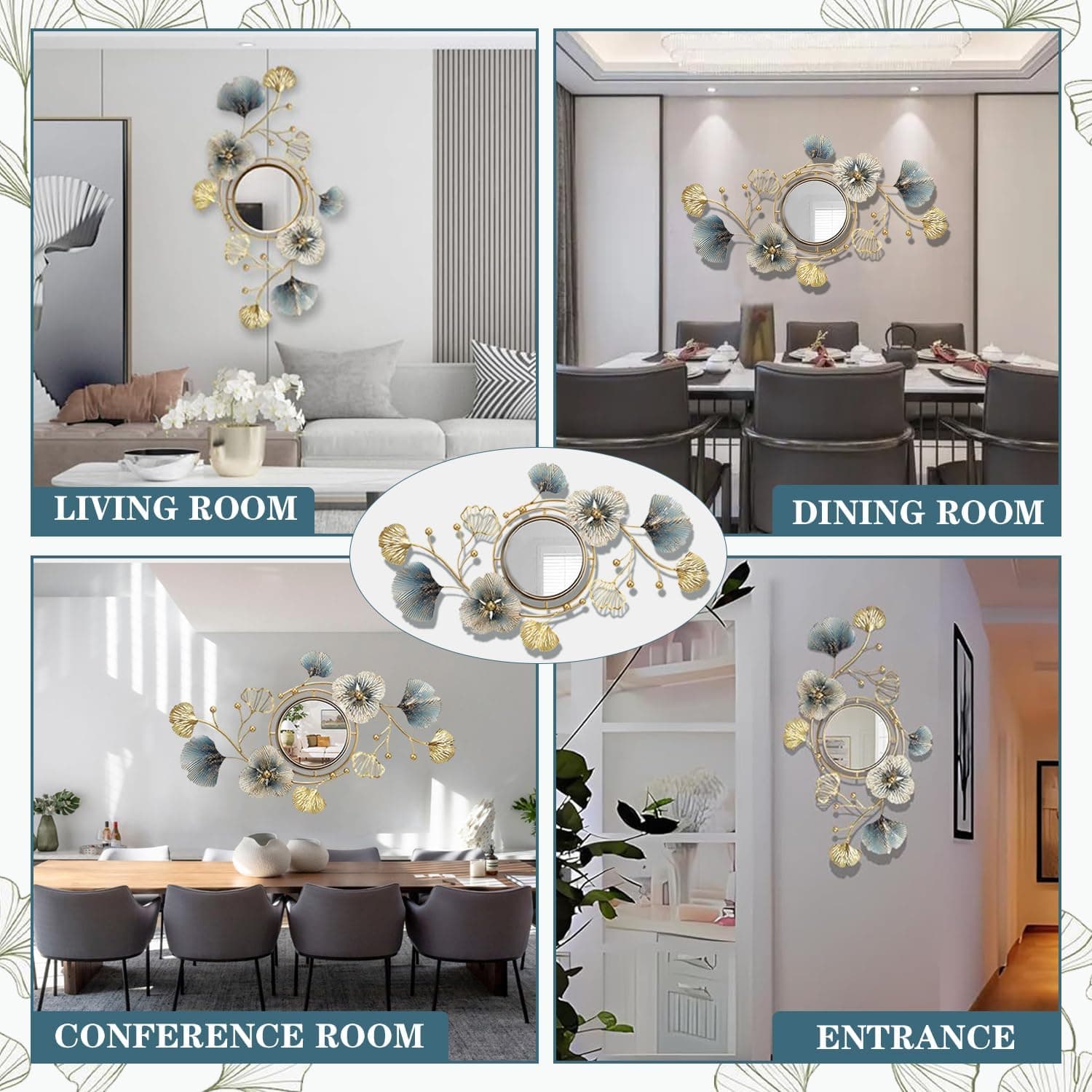 Metal Wall Mirrors Decor, Large Ginkgo Leaf Wall-Mounted Mirrors, Big Wall Decor Mirror, 3D Creative Modern Hanging Wall Mirrors Decorative, for Living Room Bedroom Entryway Bathroom (59X33 Inch) thumbnail 6