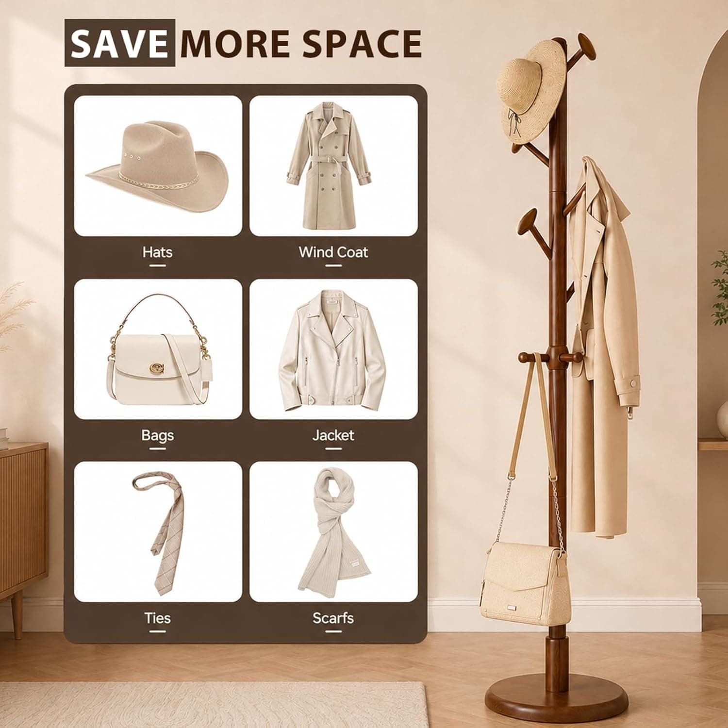 Taitiy Solid Wood Coat Rack Freestanding Coat Tree with 10 Hooks for Bedroom, Livingroom, Entryway, Sturdy Coat Hanger Stand for Hats, Coats, Scarves, Handbags, Purses thumbnail 3
