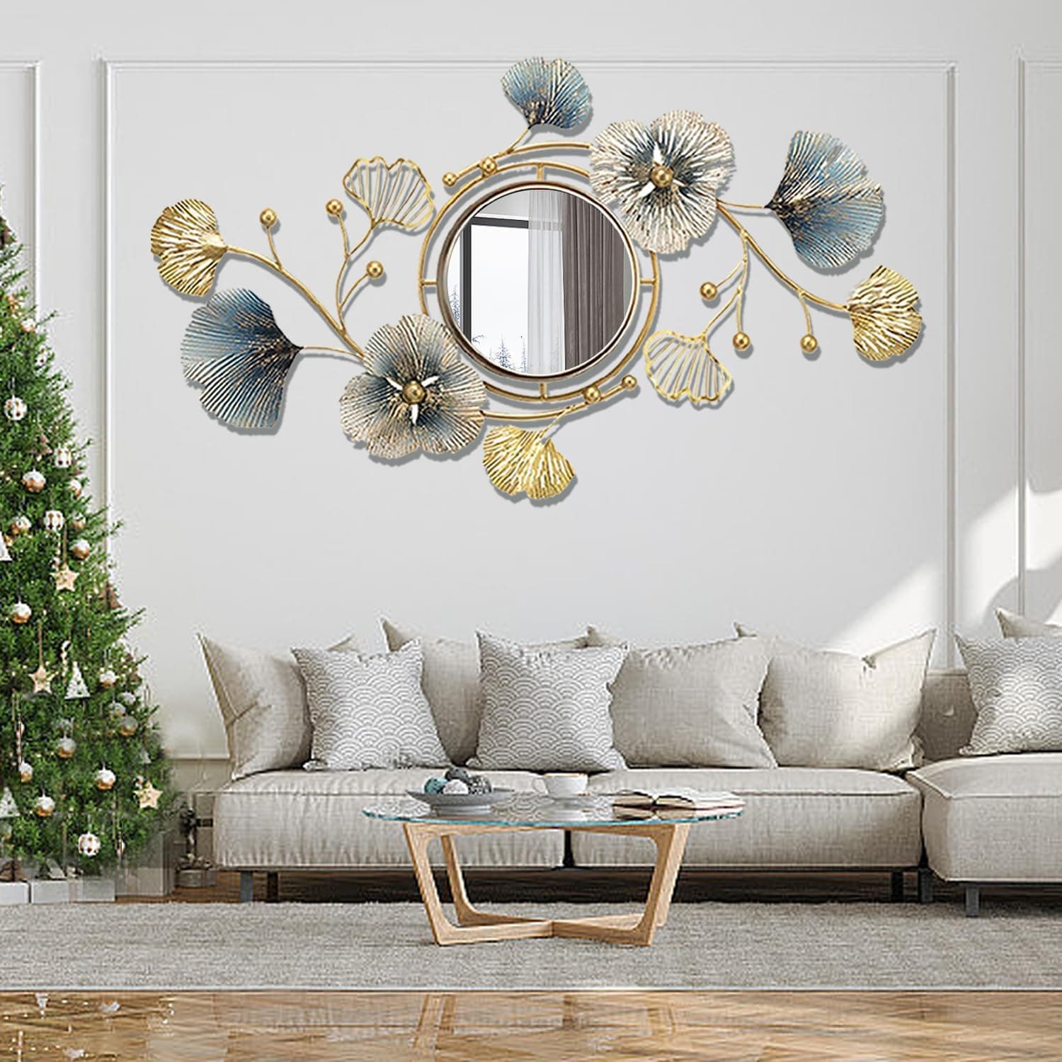 Metal Wall Mirrors Decor, Large Ginkgo Leaf Wall-Mounted Mirrors, Big Wall Decor Mirror, 3D Creative Modern Hanging Wall Mirrors Decorative, for Living Room Bedroom Entryway Bathroom (59X33 Inch)