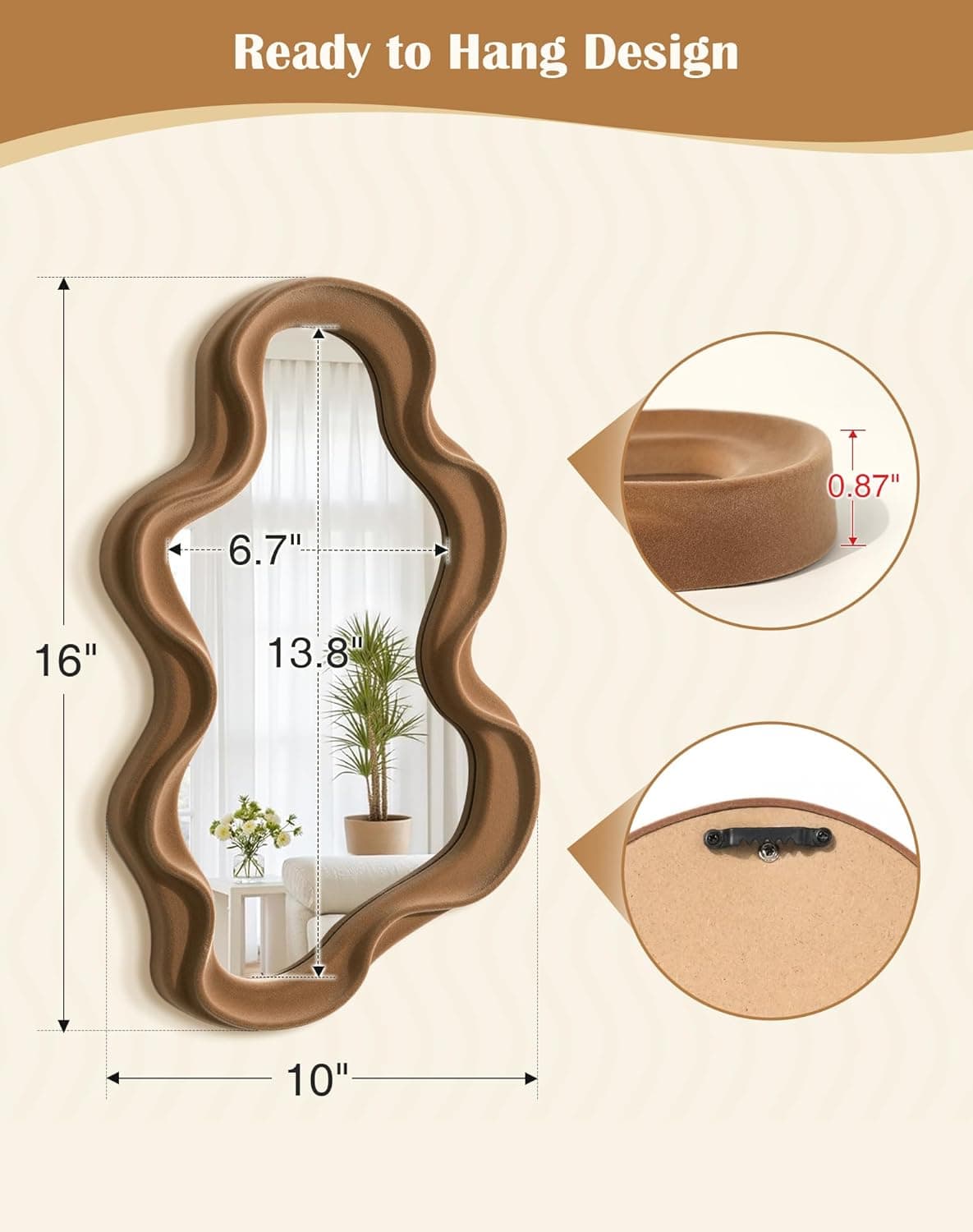 Irregular Wall Mirror Living Room Decor, Cloud Decorative Mirrors with Flocking Touch, Modern Wavy Mirror for Hallway Entryway Staircase Bedroom, Over the Door Wall Art Decoration (Brown) thumbnail 5