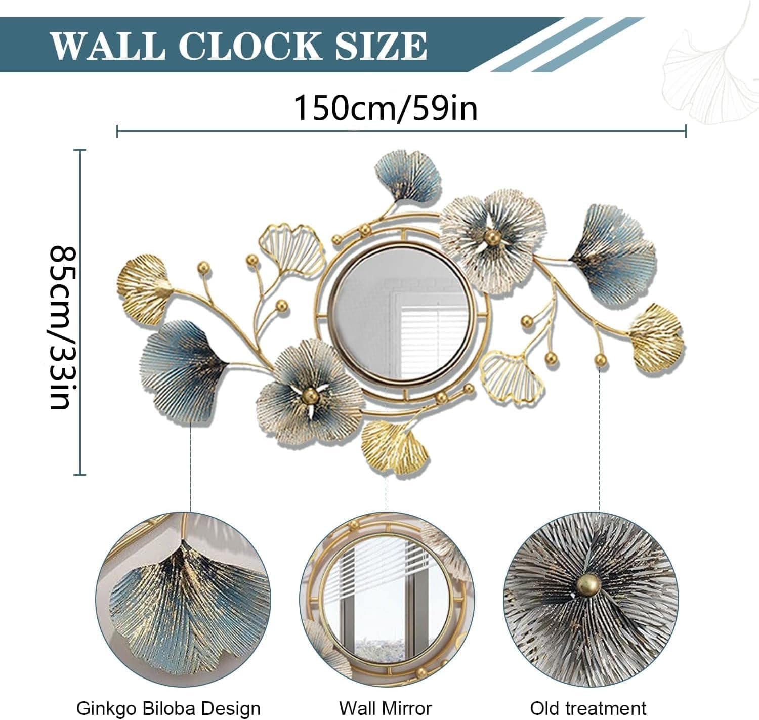 Metal Wall Mirrors Decor, Large Ginkgo Leaf Wall-Mounted Mirrors, Big Wall Decor Mirror, 3D Creative Modern Hanging Wall Mirrors Decorative, for Living Room Bedroom Entryway Bathroom (59X33 Inch) thumbnail 2