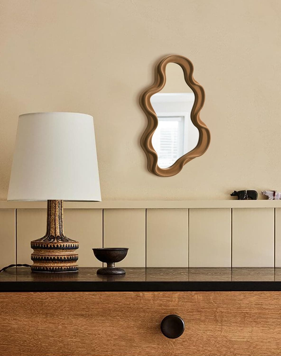 Irregular Wall Mirror Living Room Decor, Cloud Decorative Mirrors with Flocking Touch, Modern Wavy Mirror for Hallway Entryway Staircase Bedroom, Over the Door Wall Art Decoration (Brown) thumbnail 7