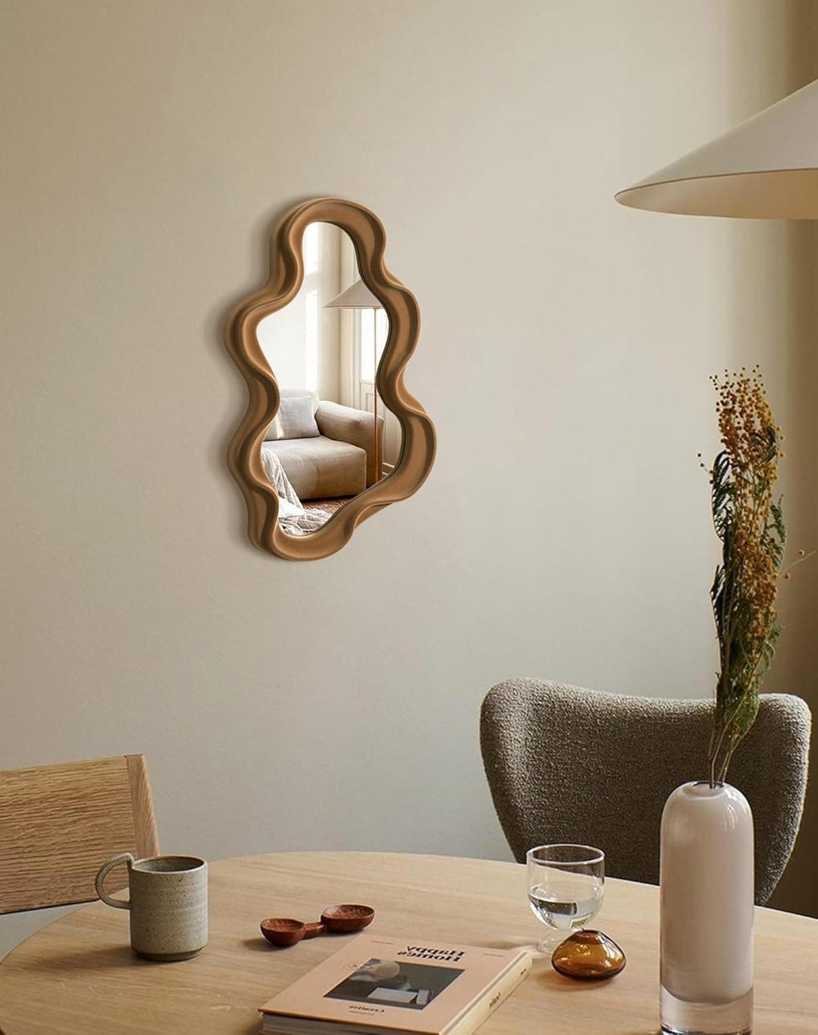 Irregular Wall Mirror Living Room Decor, Cloud Decorative Mirrors with Flocking Touch, Modern Wavy Mirror for Hallway Entryway Staircase Bedroom, Over the Door Wall Art Decoration (Brown) thumbnail 9