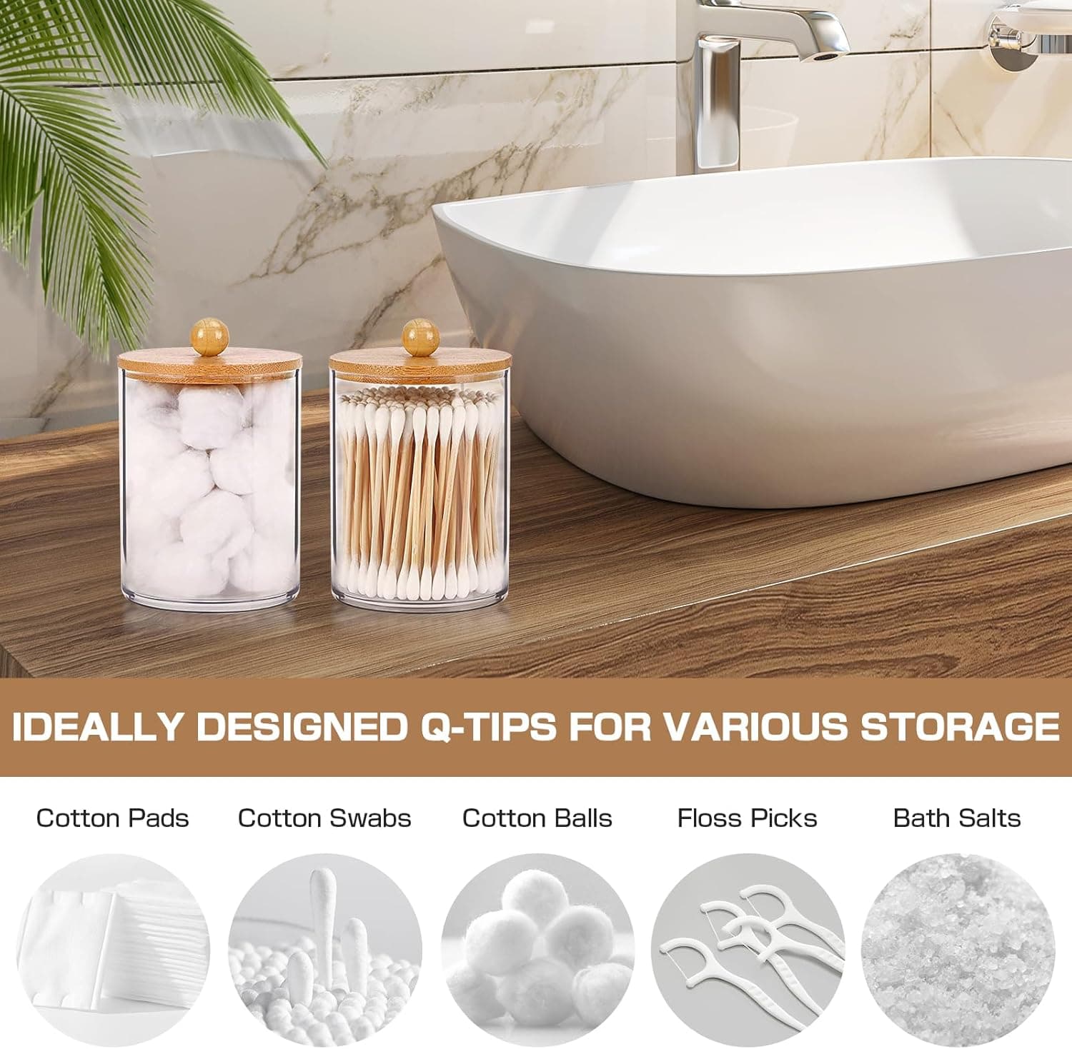 Bamboo Bathroom Accessory Set 5 Pcs, Boho Bathroom Accessories Sets Complete, Clear Bath Soap Dispenser and Toothbrush Holder Set, Soap Dish, Cotton Swab Jar, Boho Organizer thumbnail 5