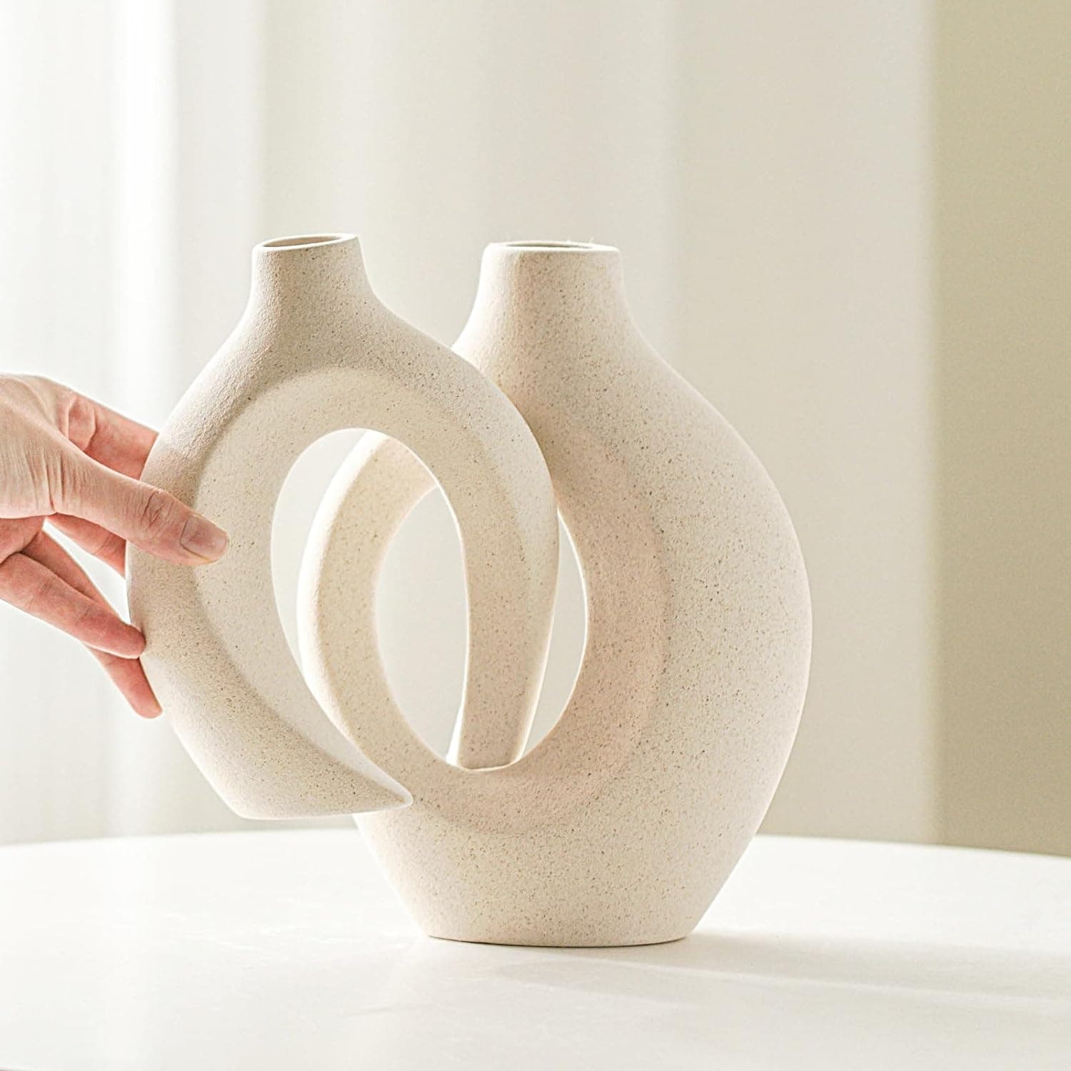 Lvases Snuggle Hollow Ceramic Vase Set of 2, Nordic Modern Boho ins Style Decorative Ceramic Aesthetic Flower Vase for Home Decor (Milky White W 6.3" X H 8.4") thumbnail 2