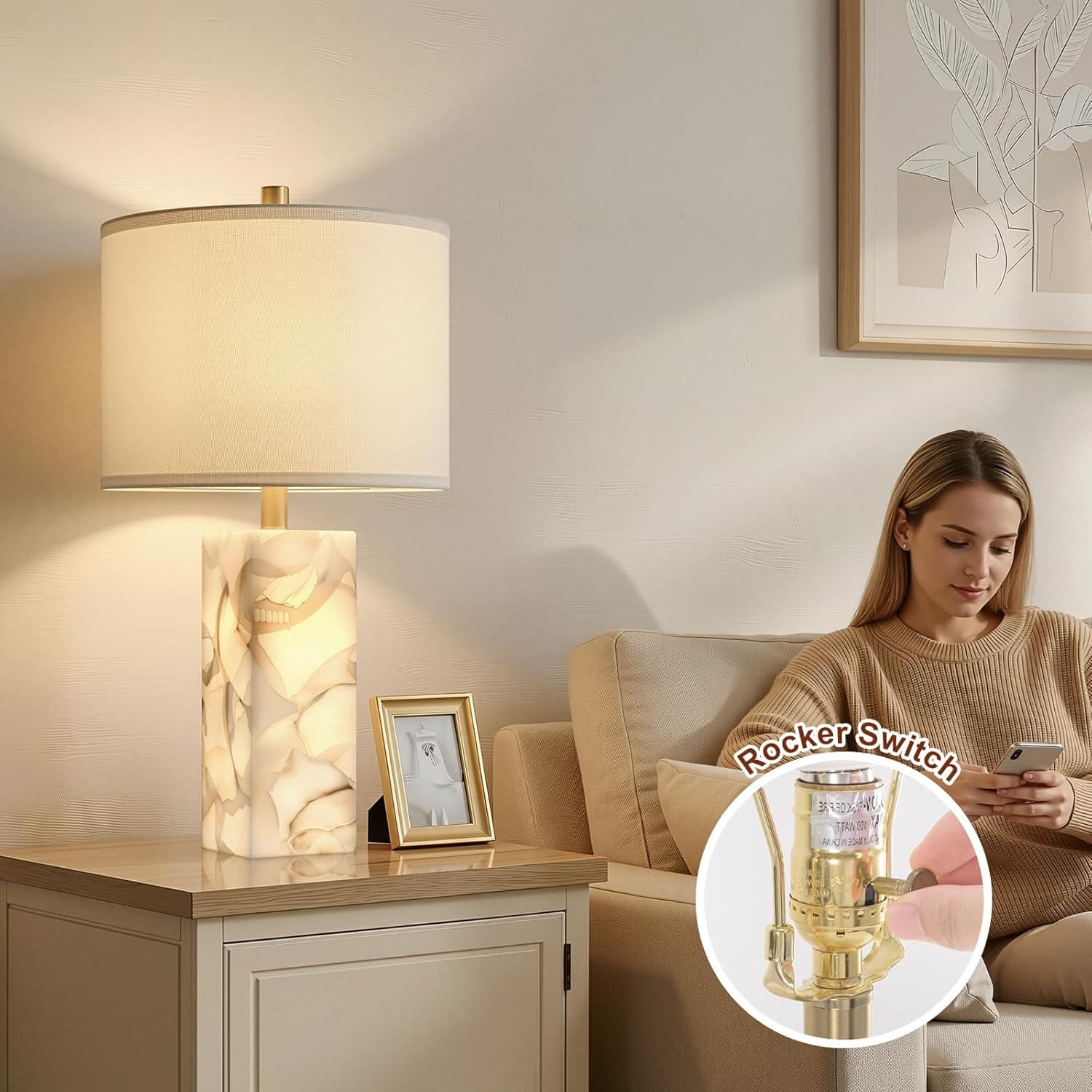 Scenekoy Alabaster Table Lamp Set of 2 with Night Light for Bedroom Living Room, 23" Rotary Switch Bedside Lamp with Linen Shade, Modern Nightstand Lamps for Room Office Dorm (Bulb Included) thumbnail 4