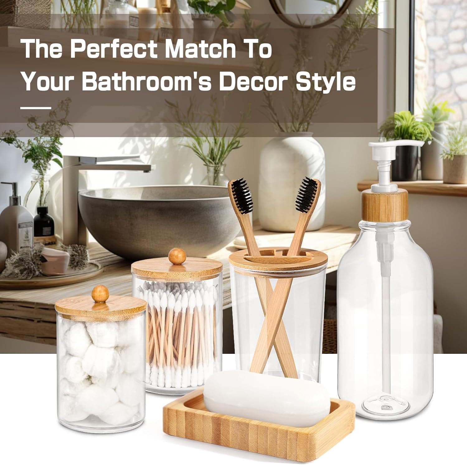 Bamboo Bathroom Accessory Set 5 Pcs, Boho Bathroom Accessories Sets Complete, Clear Bath Soap Dispenser and Toothbrush Holder Set, Soap Dish, Cotton Swab Jar, Boho Organizer thumbnail 7