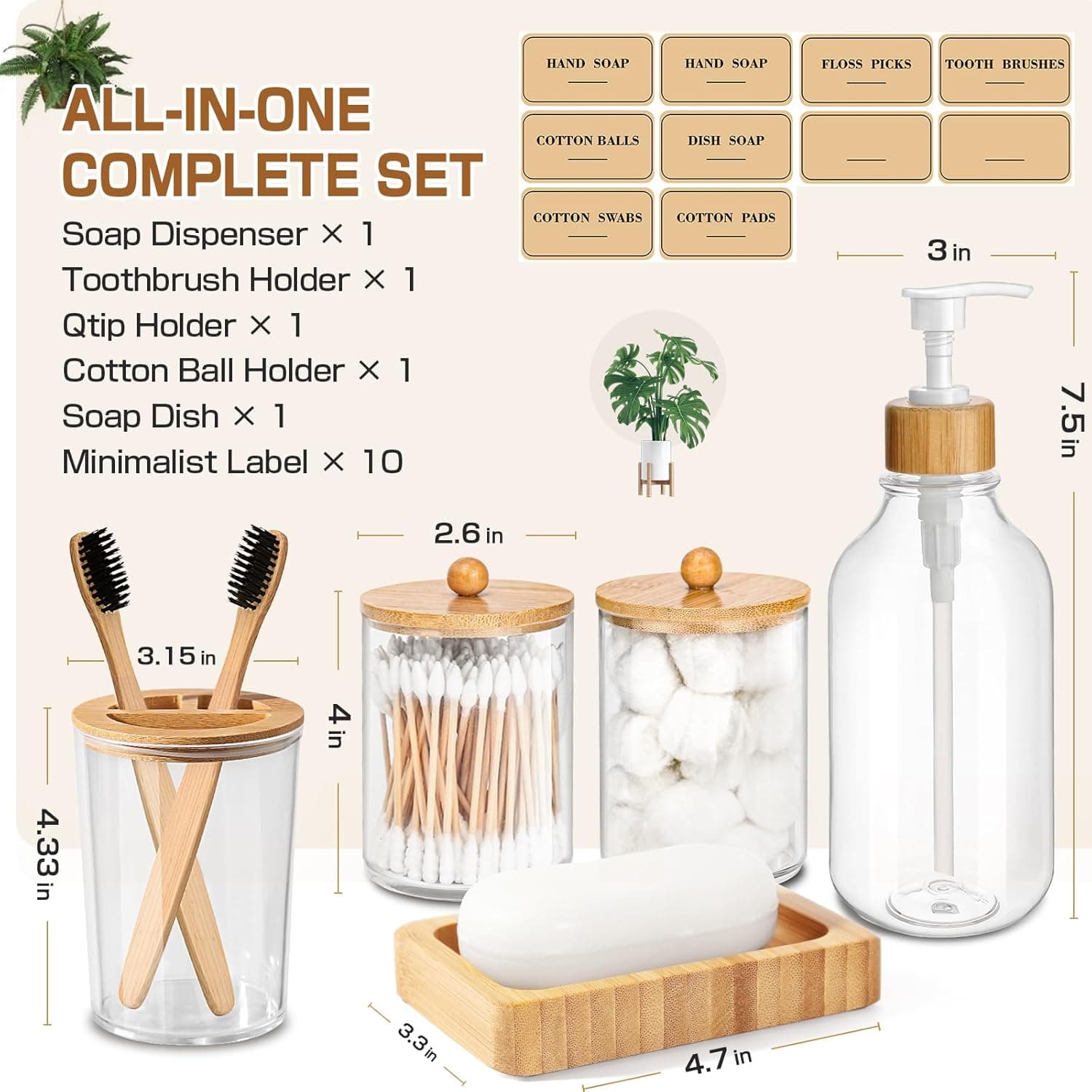 Bamboo Bathroom Accessory Set 5 Pcs, Boho Bathroom Accessories Sets Complete, Clear Bath Soap Dispenser and Toothbrush Holder Set, Soap Dish, Cotton Swab Jar, Boho Organizer thumbnail 2