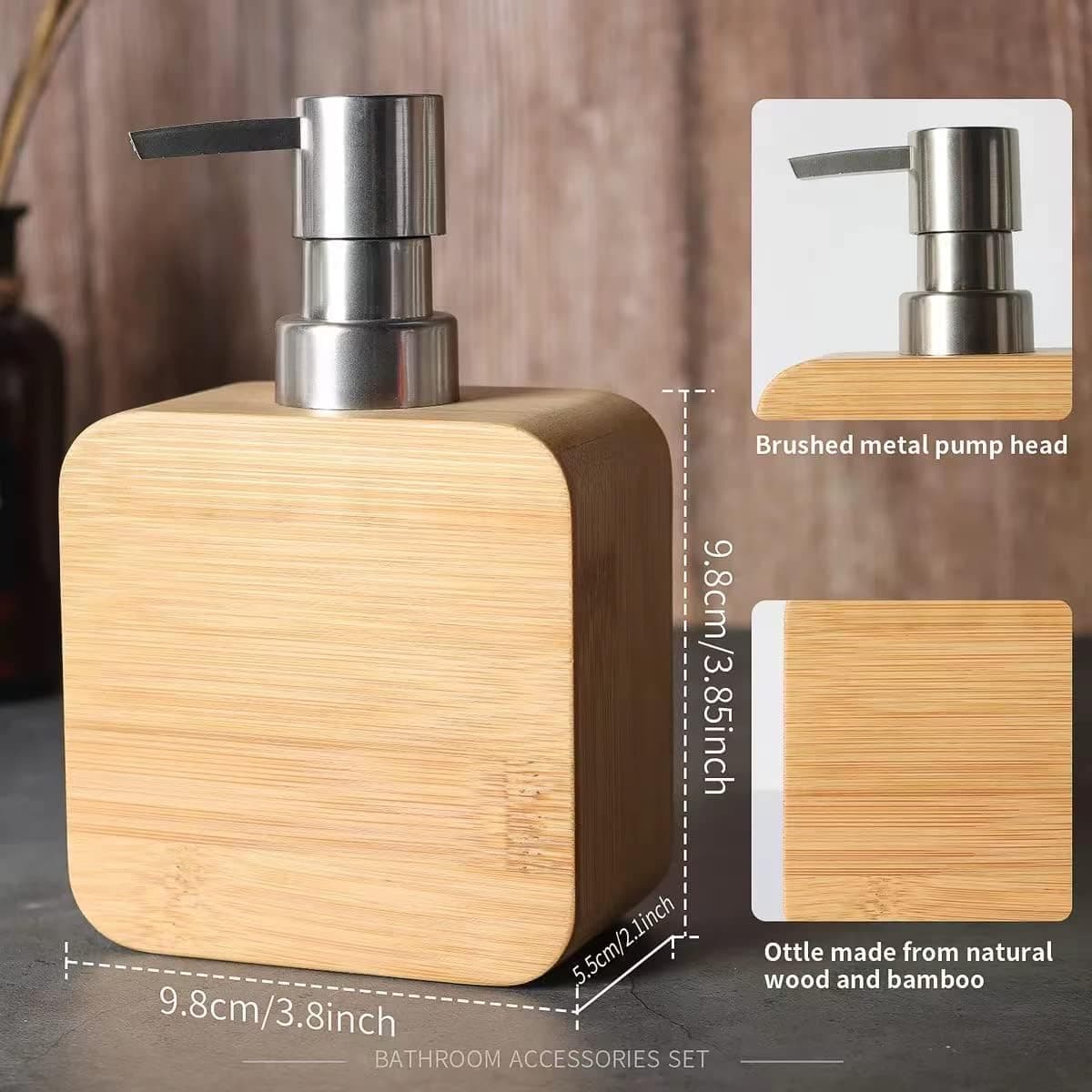 4Pcs Handmade Bamboo Sink & Bathroom Accessories Set Retro Set, Natural, Soap Dish Holder for Shower, Lotion Soap Dispenser, Mouthwash Cup, Rinse Cup, Organiser Tray for Hotel, House, Office thumbnail 7