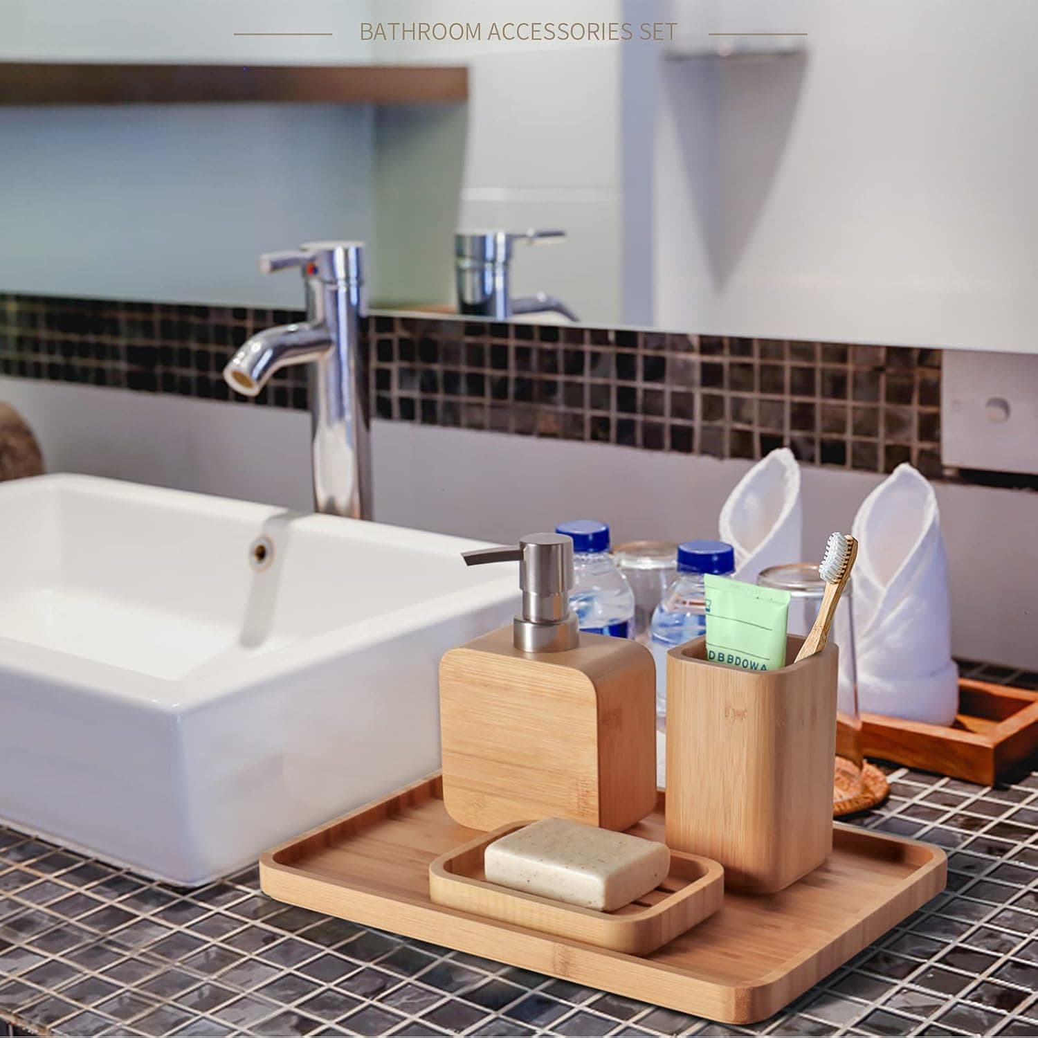 4Pcs Handmade Bamboo Sink & Bathroom Accessories Set Retro Set, Natural, Soap Dish Holder for Shower, Lotion Soap Dispenser, Mouthwash Cup, Rinse Cup, Organiser Tray for Hotel, House, Office thumbnail 4