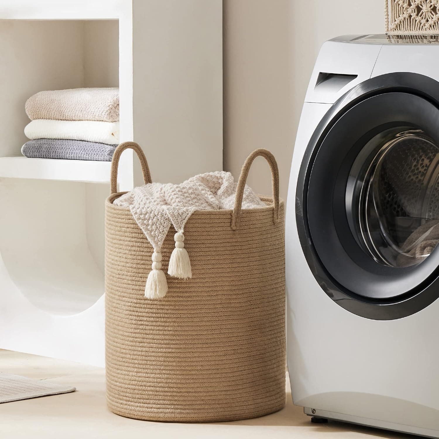 Jute Rope Laundry Hamper Basket by YOUDENOVA, 58L Tall Laundry Basket, Baby Nursery Hamper for Blanket Storage for Bedroom-Large-Jute thumbnail 5