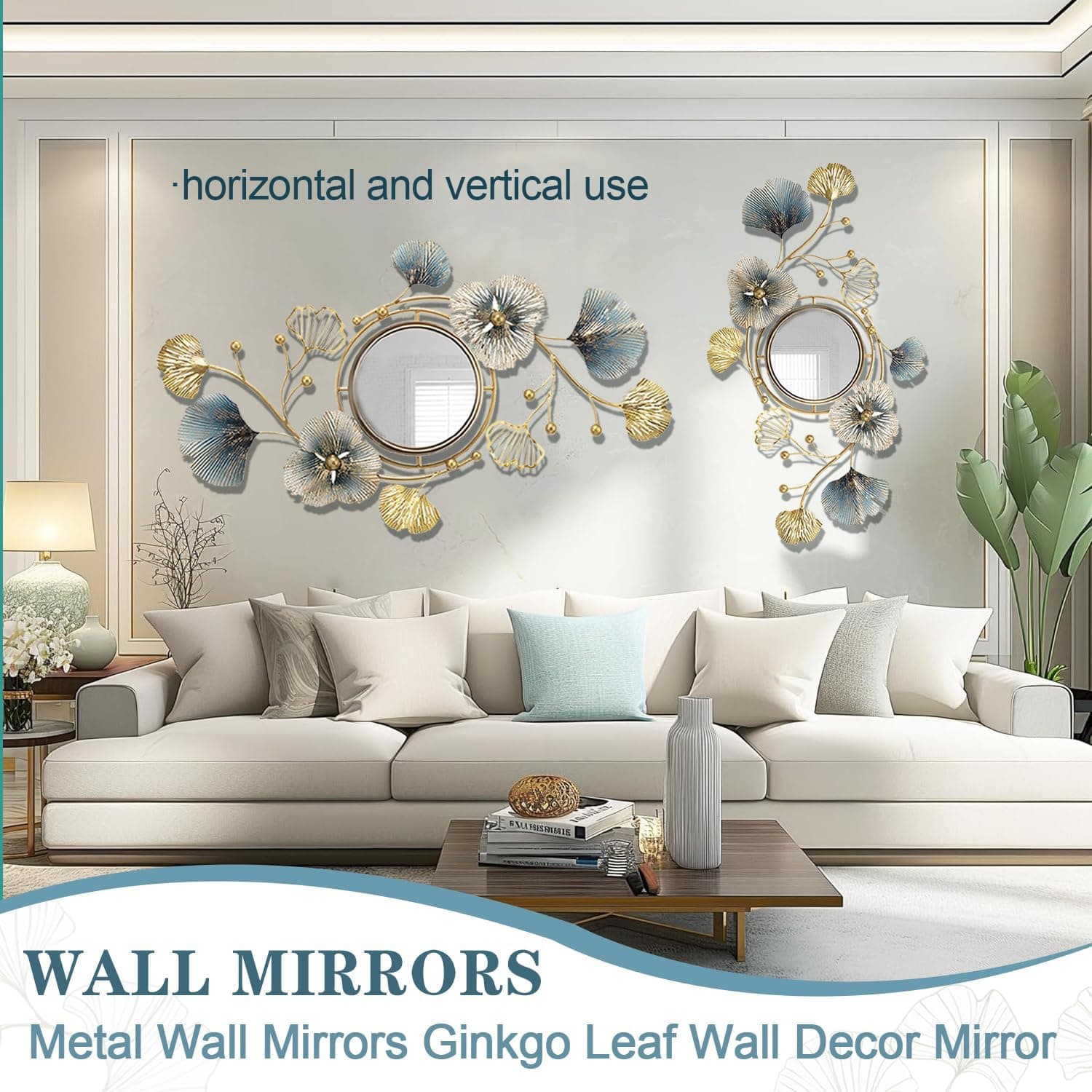 Metal Wall Mirrors Decor, Large Ginkgo Leaf Wall-Mounted Mirrors, Big Wall Decor Mirror, 3D Creative Modern Hanging Wall Mirrors Decorative, for Living Room Bedroom Entryway Bathroom (59X33 Inch) thumbnail 3