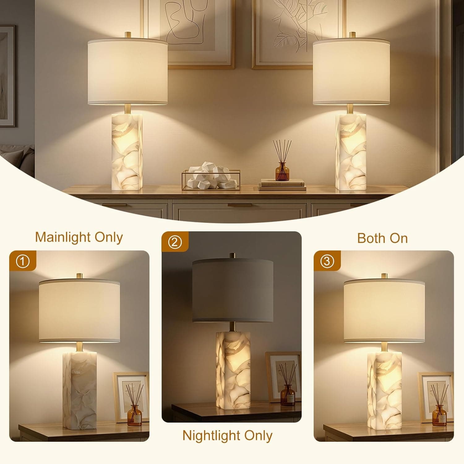 Scenekoy Alabaster Table Lamp Set of 2 with Night Light for Bedroom Living Room, 23" Rotary Switch Bedside Lamp with Linen Shade, Modern Nightstand Lamps for Room Office Dorm (Bulb Included) thumbnail 3