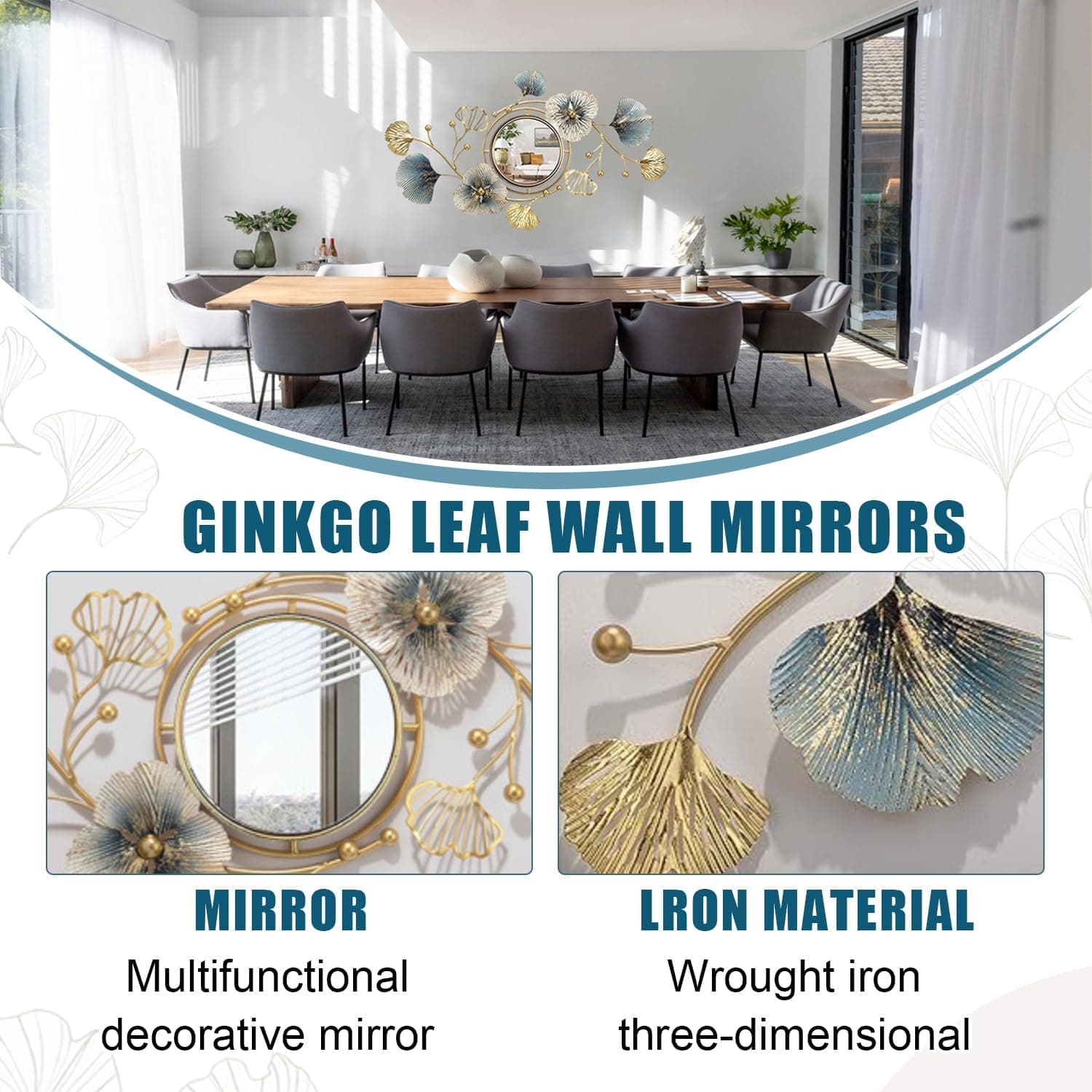 Metal Wall Mirrors Decor, Large Ginkgo Leaf Wall-Mounted Mirrors, Big Wall Decor Mirror, 3D Creative Modern Hanging Wall Mirrors Decorative, for Living Room Bedroom Entryway Bathroom (59X33 Inch) thumbnail 4
