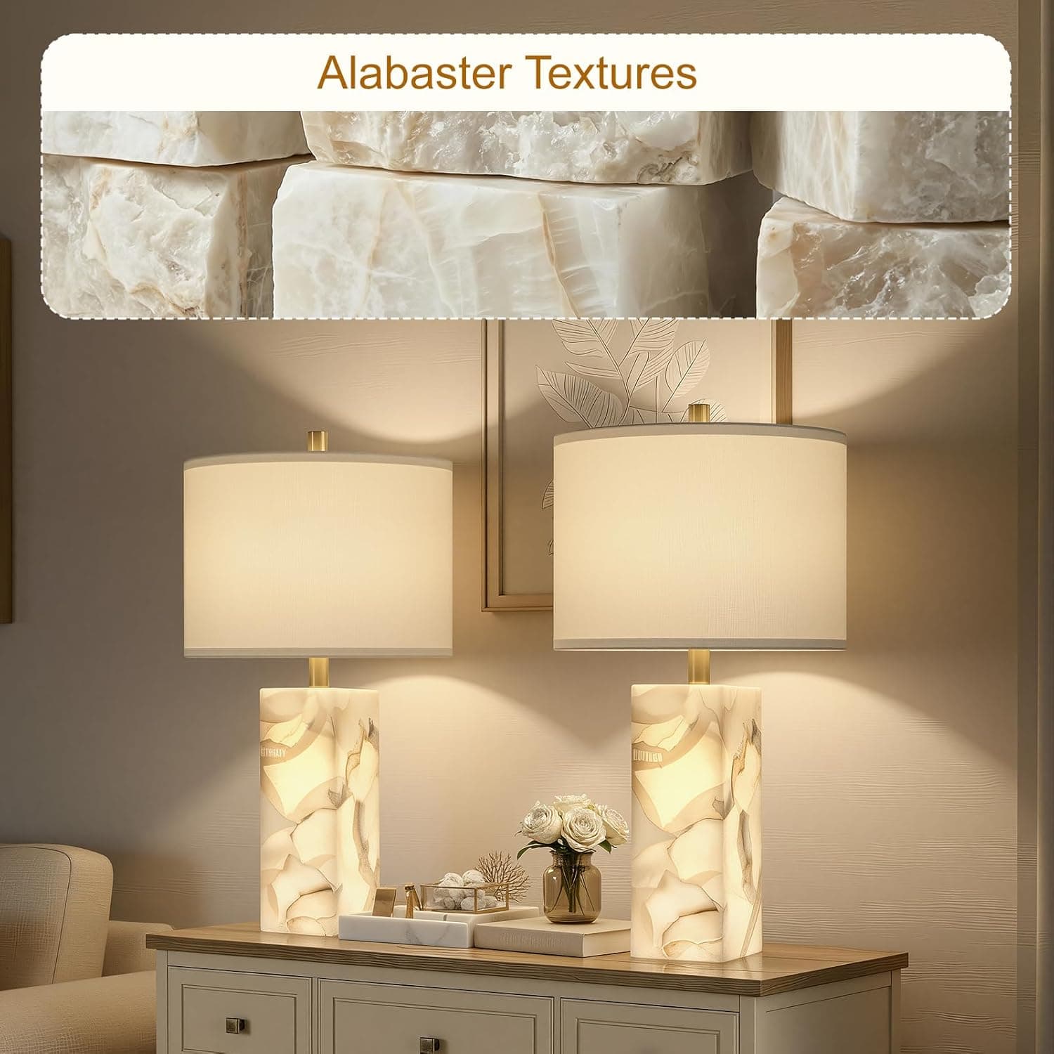 Scenekoy Alabaster Table Lamp Set of 2 with Night Light for Bedroom Living Room, 23" Rotary Switch Bedside Lamp with Linen Shade, Modern Nightstand Lamps for Room Office Dorm (Bulb Included) thumbnail 6