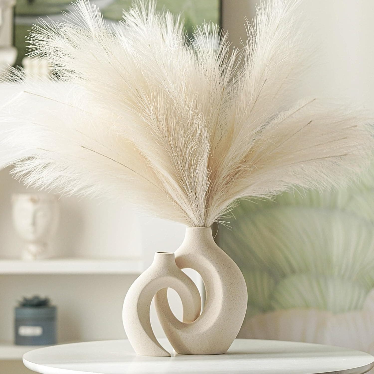 Lvases Snuggle Hollow Ceramic Vase Set of 2, Nordic Modern Boho ins Style Decorative Ceramic Aesthetic Flower Vase for Home Decor (Milky White W 6.3" X H 8.4") thumbnail 4