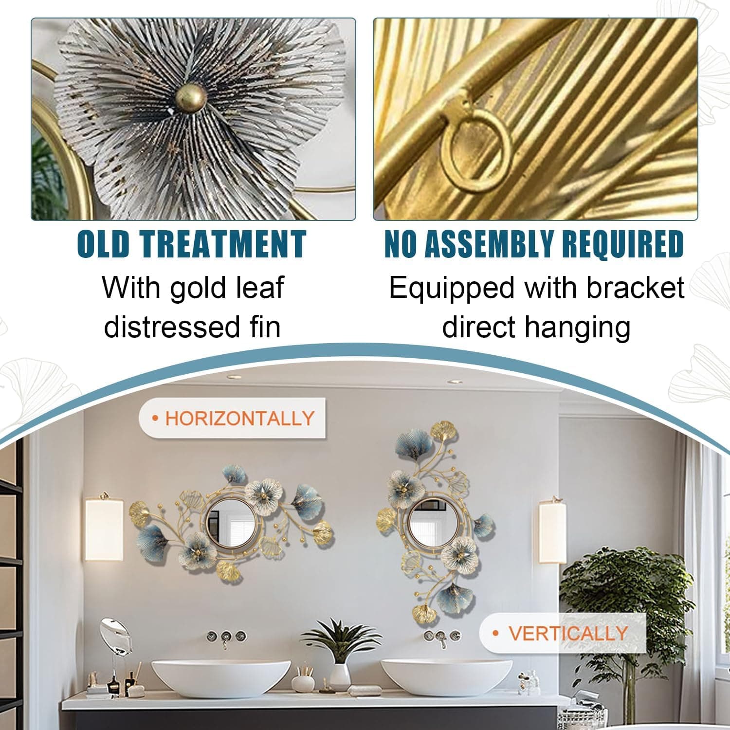 Metal Wall Mirrors Decor, Large Ginkgo Leaf Wall-Mounted Mirrors, Big Wall Decor Mirror, 3D Creative Modern Hanging Wall Mirrors Decorative, for Living Room Bedroom Entryway Bathroom (59X33 Inch) thumbnail 5