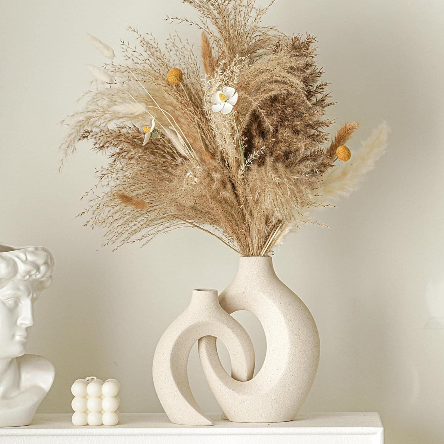 Lvases Snuggle Hollow Ceramic Vase Set of 2, Nordic Modern Boho ins Style Decorative Ceramic Aesthetic Flower Vase for Home Decor (Milky White W 6.3" X H 8.4") thumbnail 3