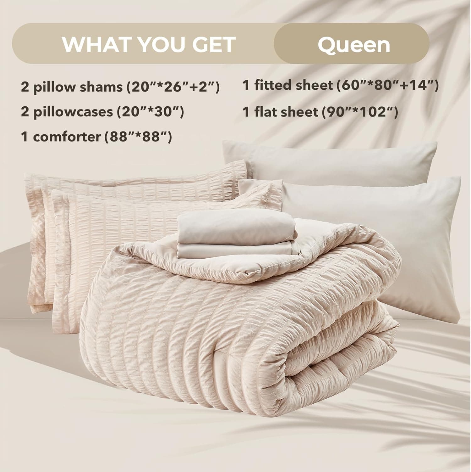HYMOKEGE Beige Queen Comforter Set Seersucker 7 Pieces, All Season Luxury Bed in a Bag for Bedroom, Bedding Set with Comforters, Sheets, Pillowcases & Shams thumbnail 6