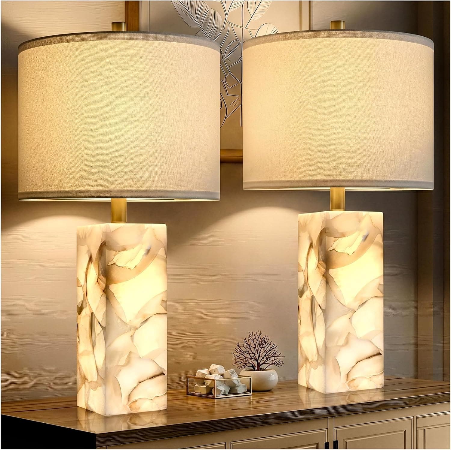 Scenekoy Alabaster Table Lamp Set of 2 with Night Light for Bedroom Living Room, 23" Rotary Switch Bedside Lamp with Linen Shade, Modern Nightstand Lamps for Room Office Dorm (Bulb Included)