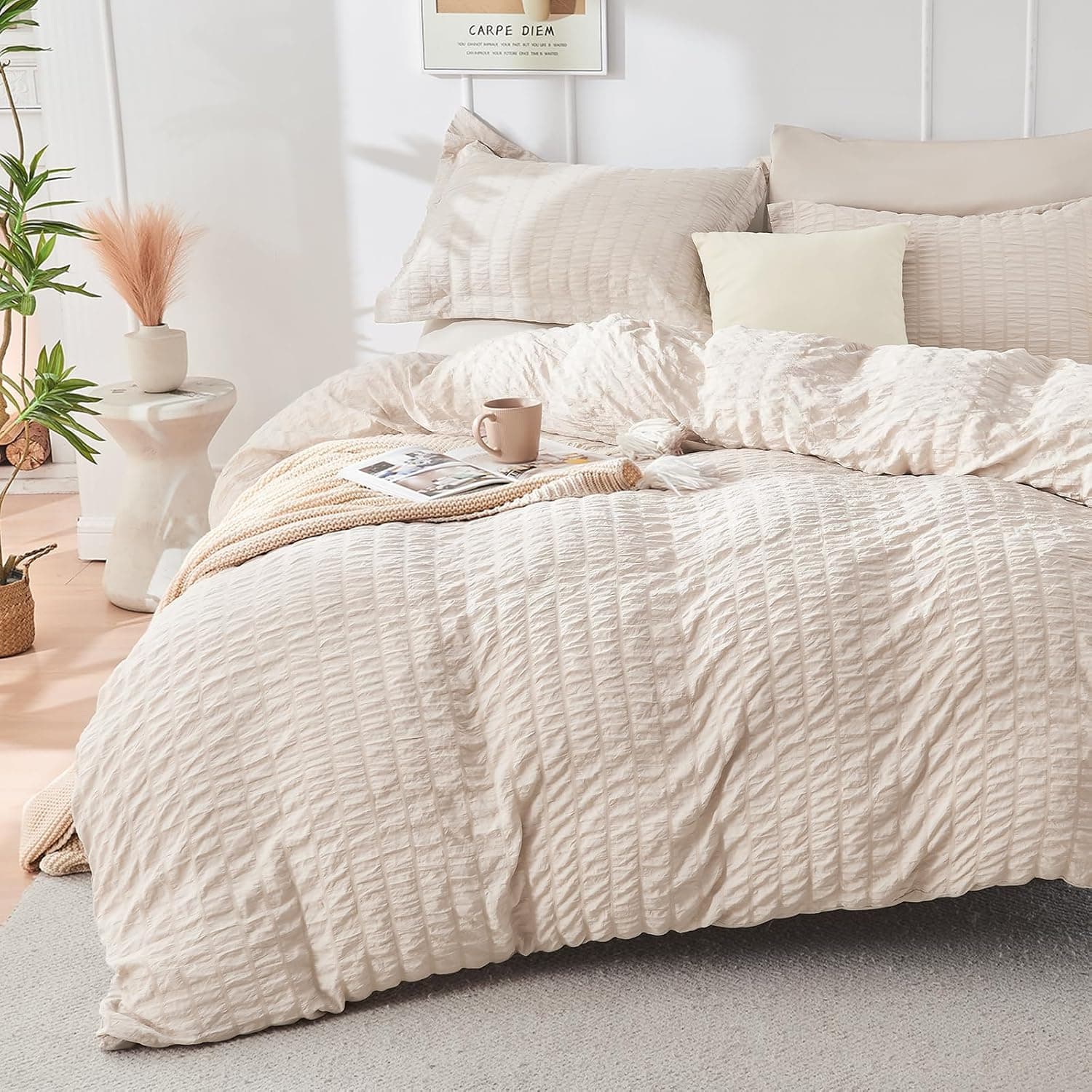 HYMOKEGE Beige Queen Comforter Set Seersucker 7 Pieces, All Season Luxury Bed in a Bag for Bedroom, Bedding Set with Comforters, Sheets, Pillowcases & Shams thumbnail 3