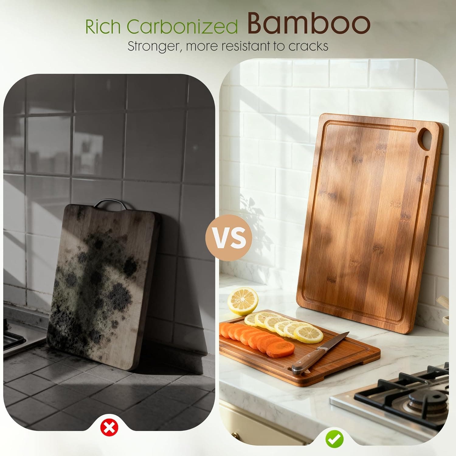 Astercook Deep-Carbonized Bamboo Cutting Boards for Kitchen with Wood Storage Stand, Reversible Charcuterie & Chopping Boards with Juice Grooves and Easy-Grip Handles, Fathers Day Gift for Men thumbnail 9