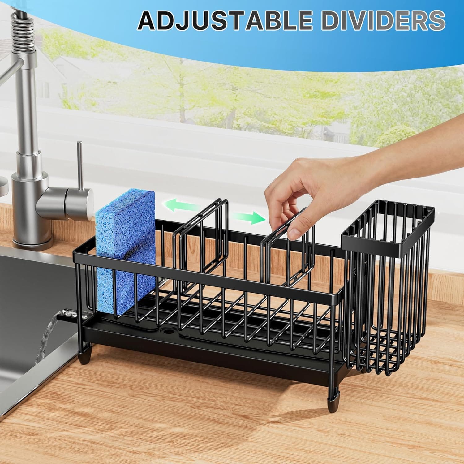 Cisily Sponge Holder for Kitchen Sink, Sink Caddy Organizer with High Brush Holder, Kitchen Countertop Organizers and Storage Essentials, Rustproof 304 Stainless Steel (Black, 9.25″) thumbnail 4