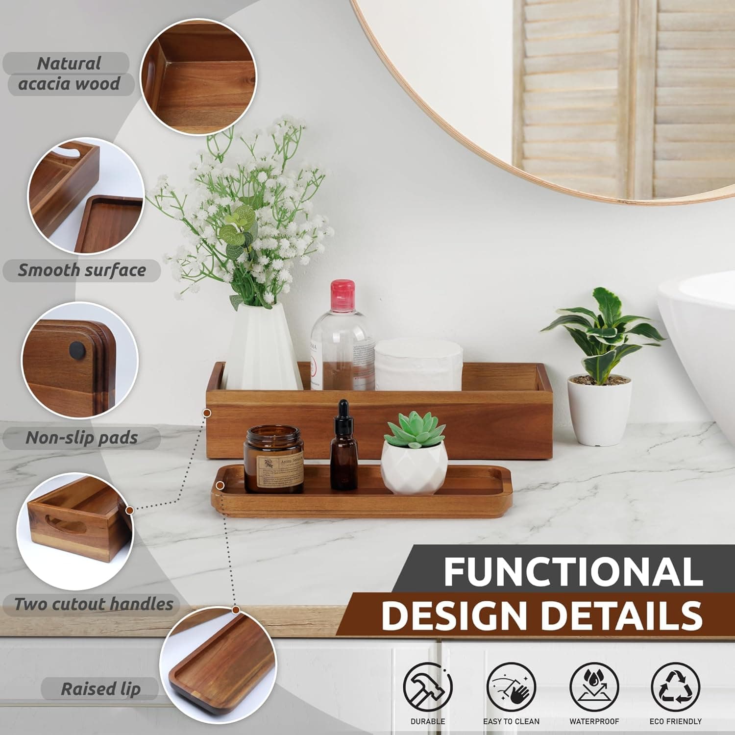 Handmade Toilet Tank Basket Topper & Vanity Tray Set of Natural Acacia Wood by DEMIGO, Created by Skilled Artisans, Smooth, Durable, Attractive Decor for Bathroom, Kitchen, Home, Spa thumbnail 3
