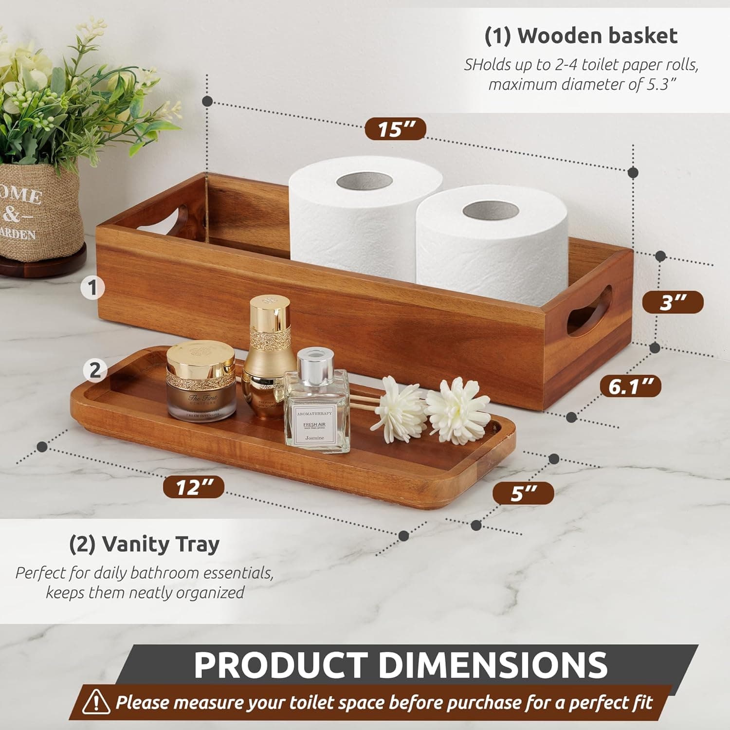 Handmade Toilet Tank Basket Topper & Vanity Tray Set of Natural Acacia Wood by DEMIGO, Created by Skilled Artisans, Smooth, Durable, Attractive Decor for Bathroom, Kitchen, Home, Spa thumbnail 2