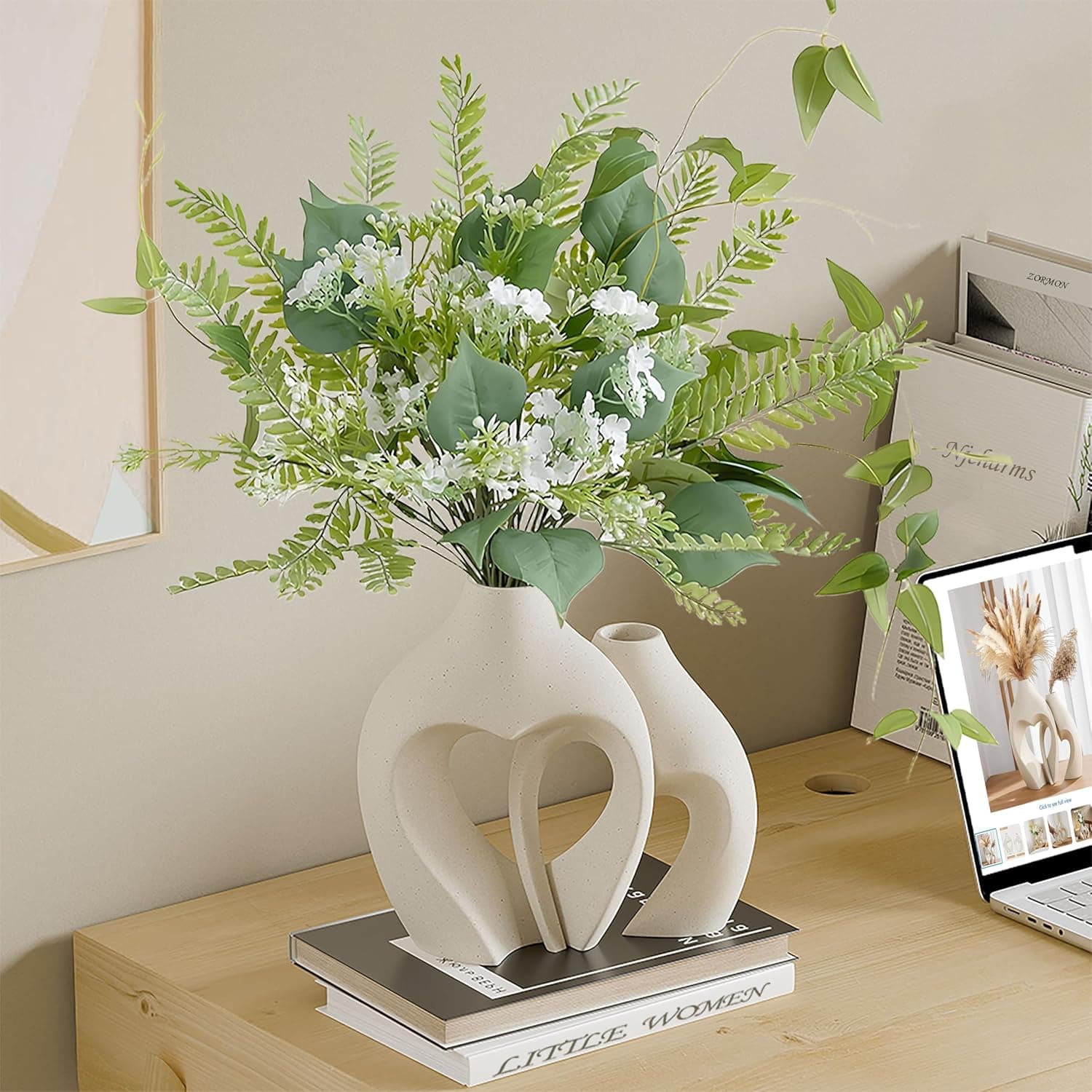 Zormon White Vases for Decor, Heart Shaped Ceramic Vase Set of 2, Nordic Heart Shaped Vases, Minimalist Decorative Vase for Table Centerpiece Wedding Dining Living Room Office House Decoration thumbnail 6