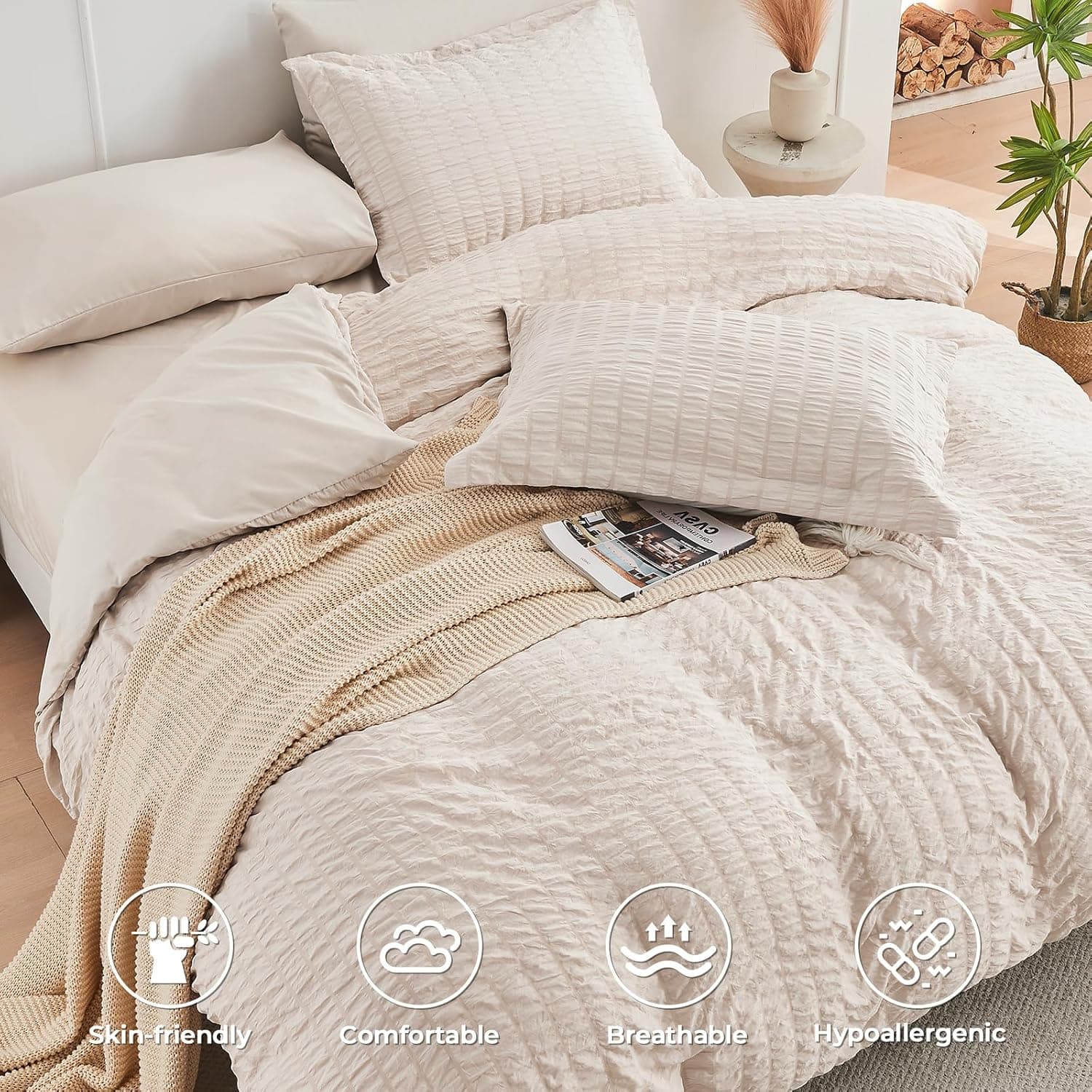 HYMOKEGE Beige Queen Comforter Set Seersucker 7 Pieces, All Season Luxury Bed in a Bag for Bedroom, Bedding Set with Comforters, Sheets, Pillowcases & Shams thumbnail 4