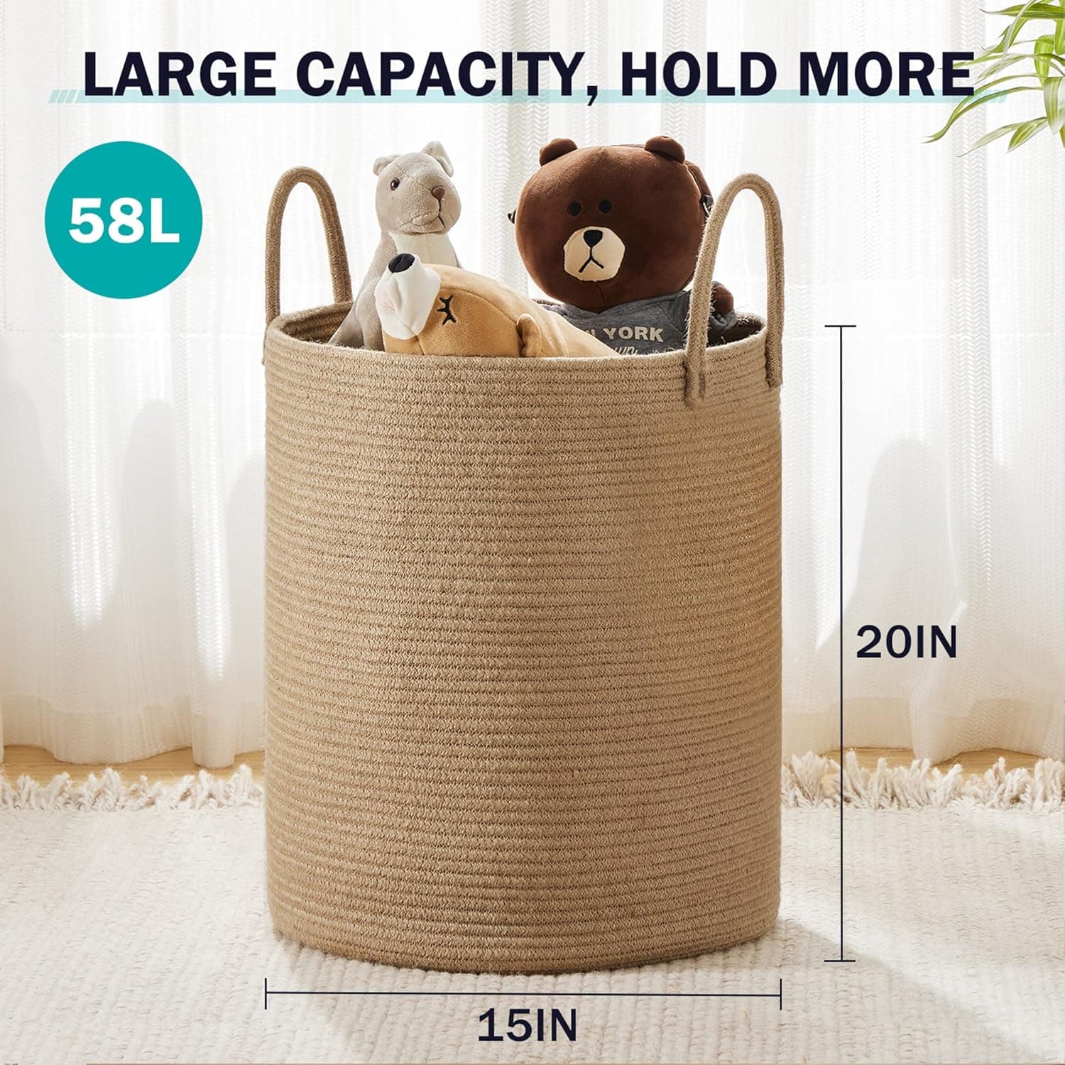 Jute Rope Laundry Hamper Basket by YOUDENOVA, 58L Tall Laundry Basket, Baby Nursery Hamper for Blanket Storage for Bedroom-Large-Jute thumbnail 3