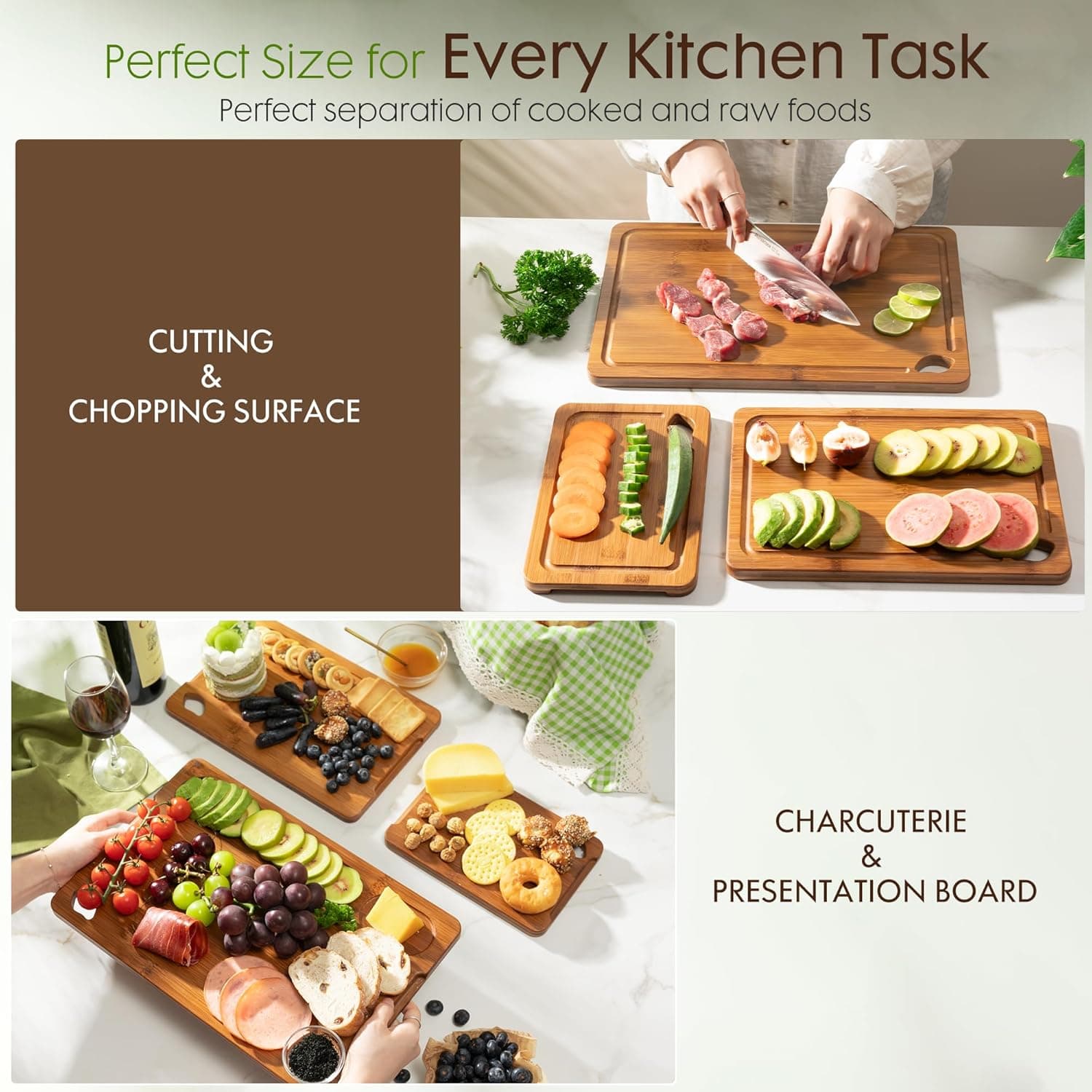 Astercook Deep-Carbonized Bamboo Cutting Boards for Kitchen with Wood Storage Stand, Reversible Charcuterie & Chopping Boards with Juice Grooves and Easy-Grip Handles, Fathers Day Gift for Men thumbnail 2