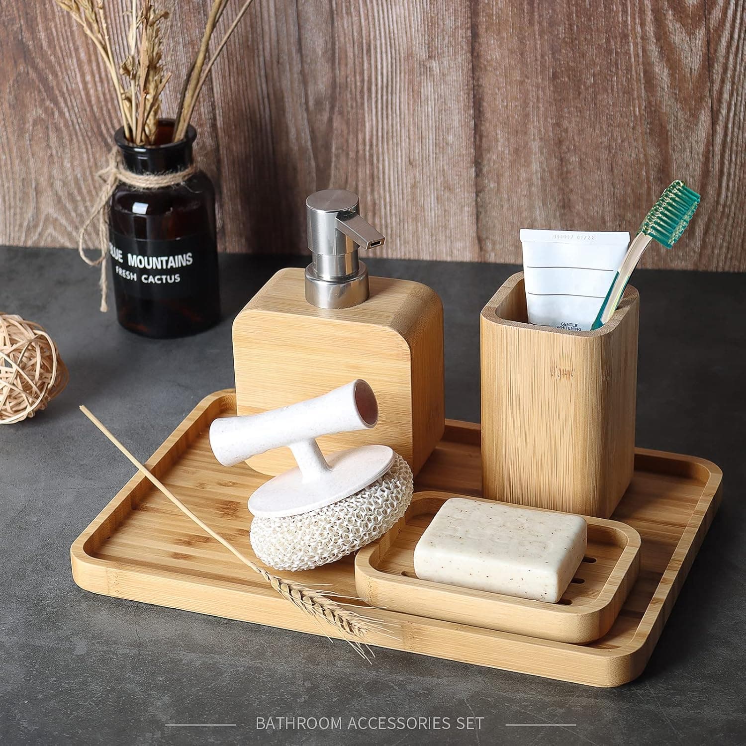 4Pcs Handmade Bamboo Sink & Bathroom Accessories Set Retro Set, Natural, Soap Dish Holder for Shower, Lotion Soap Dispenser, Mouthwash Cup, Rinse Cup, Organiser Tray for Hotel, House, Office thumbnail 5