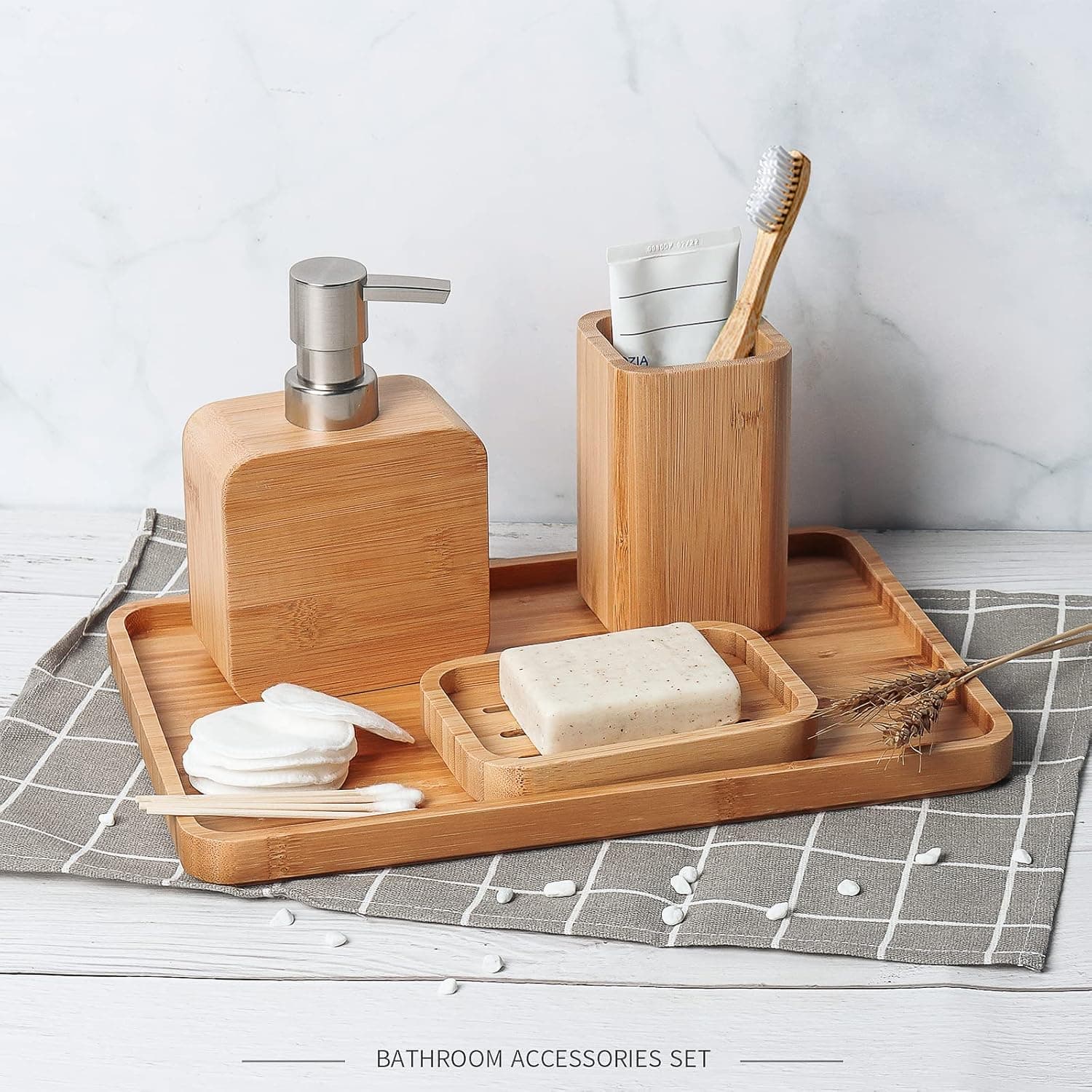4Pcs Handmade Bamboo Sink & Bathroom Accessories Set Retro Set, Natural, Soap Dish Holder for Shower, Lotion Soap Dispenser, Mouthwash Cup, Rinse Cup, Organiser Tray for Hotel, House, Office thumbnail 3